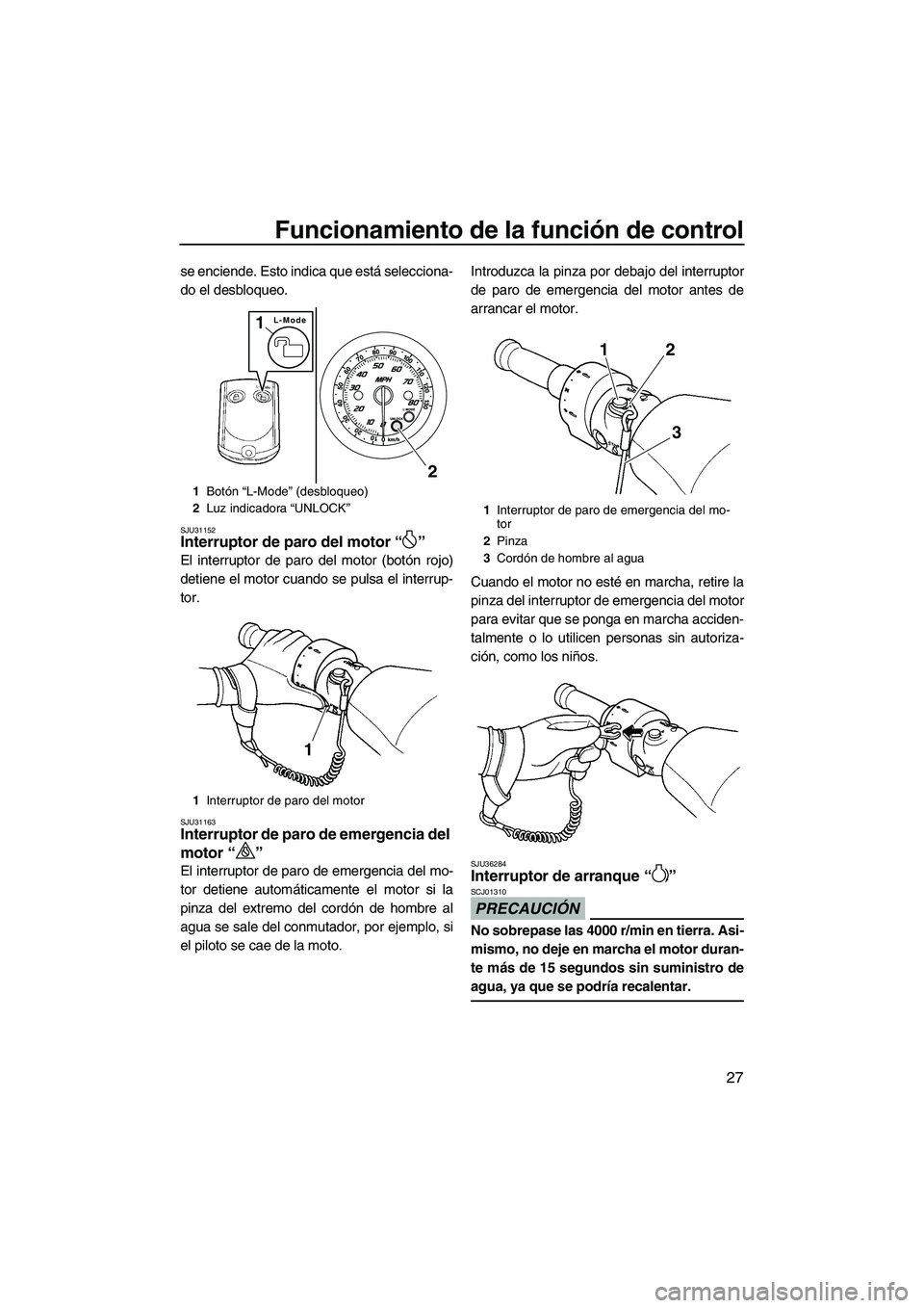 YAMAHA FZR SVHO 2010  Manuale de Empleo (in Spanish) Funcionamiento de la función de control
27
se enciende. Esto indica que está selecciona-
do el desbloqueo.
SJU31152Interruptor de paro del motor“” 
El interruptor de paro del motor (botón rojo)