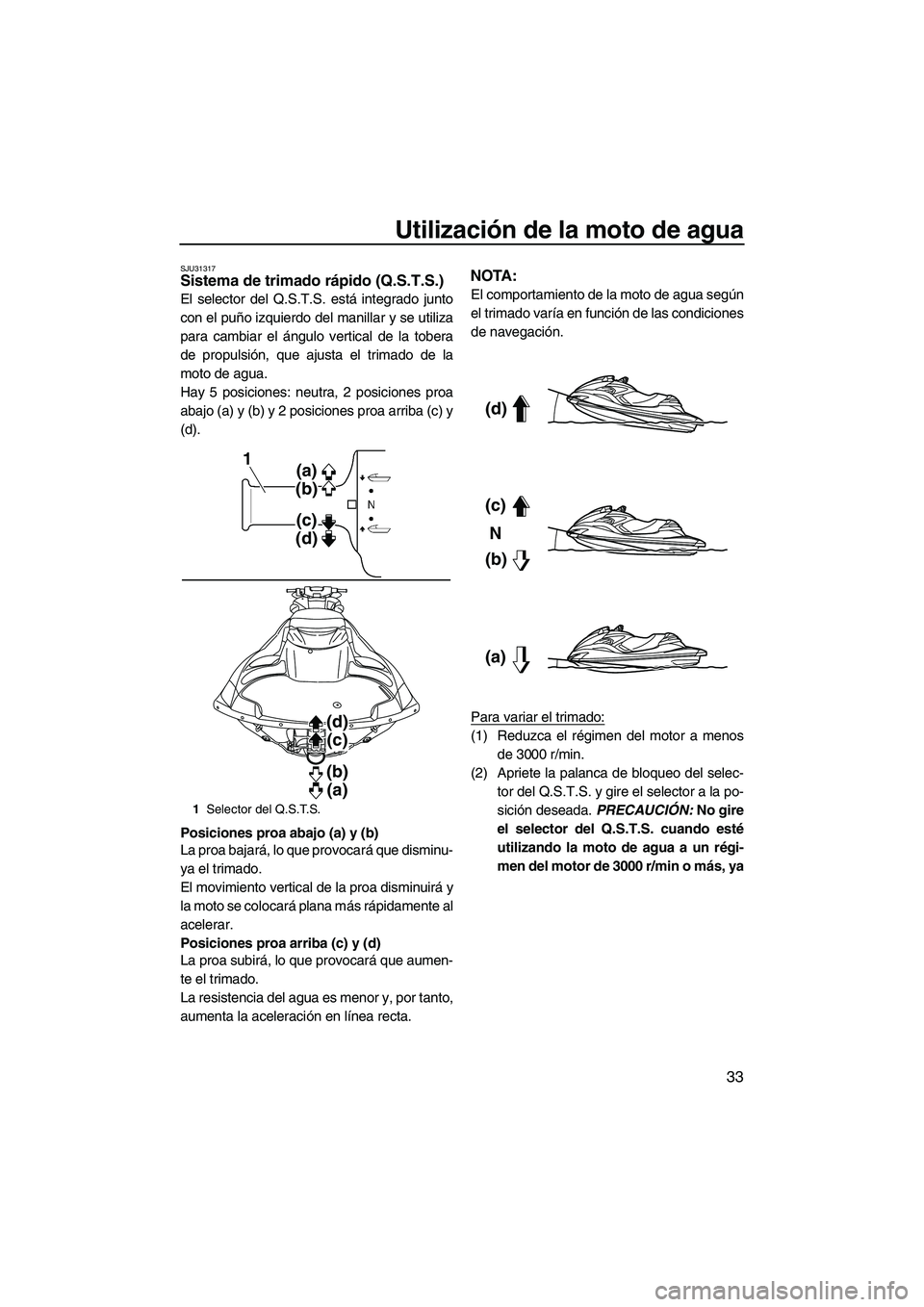 YAMAHA FZR SVHO 2010 Manuale de Empleo (in Spanish) Utilización de la moto de agua
33
SJU31317Sistema de trimado rápido (Q.S.T.S.)
El selector del Q.S.T.S. está integrado junto
con el puño izquierdo del manillar y se utiliza
para cambiar el ángul YAMAHA FZR SVHO 2010 Manuale de Empleo (in Spanish) Utilización de la moto de agua
33
SJU31317Sistema de trimado rápido (Q.S.T.S.)
El selector del Q.S.T.S. está integrado junto
con el puño izquierdo del manillar y se utiliza
para cambiar el ángul