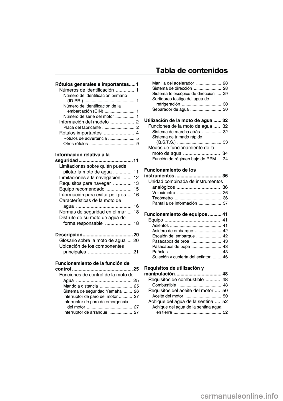 YAMAHA FZR SVHO 2010  Manuale de Empleo (in Spanish) Tabla de contenidos
Rótulos generales e importantes..... 1
Números de identificación ..............  1
Número de identificación primario 
(ID-PRI) ..........................................  1
N�