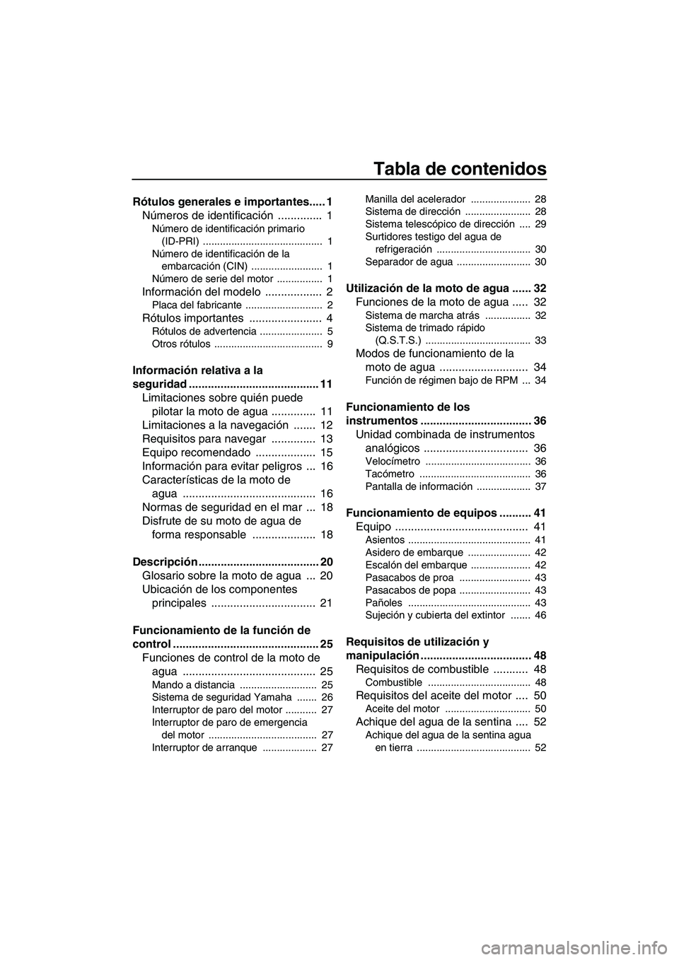 YAMAHA FZR SVHO 2010 Manuale de Empleo (in Spanish) Tabla de contenidos
Rótulos generales e importantes..... 1
Números de identificación .............. 1
Número de identificación primario
(ID-PRI) .......................................... 1
NÃ YAMAHA FZR SVHO 2010 Manuale de Empleo (in Spanish) Tabla de contenidos
Rótulos generales e importantes..... 1
Números de identificación .............. 1
Número de identificación primario
(ID-PRI) .......................................... 1
NÃ