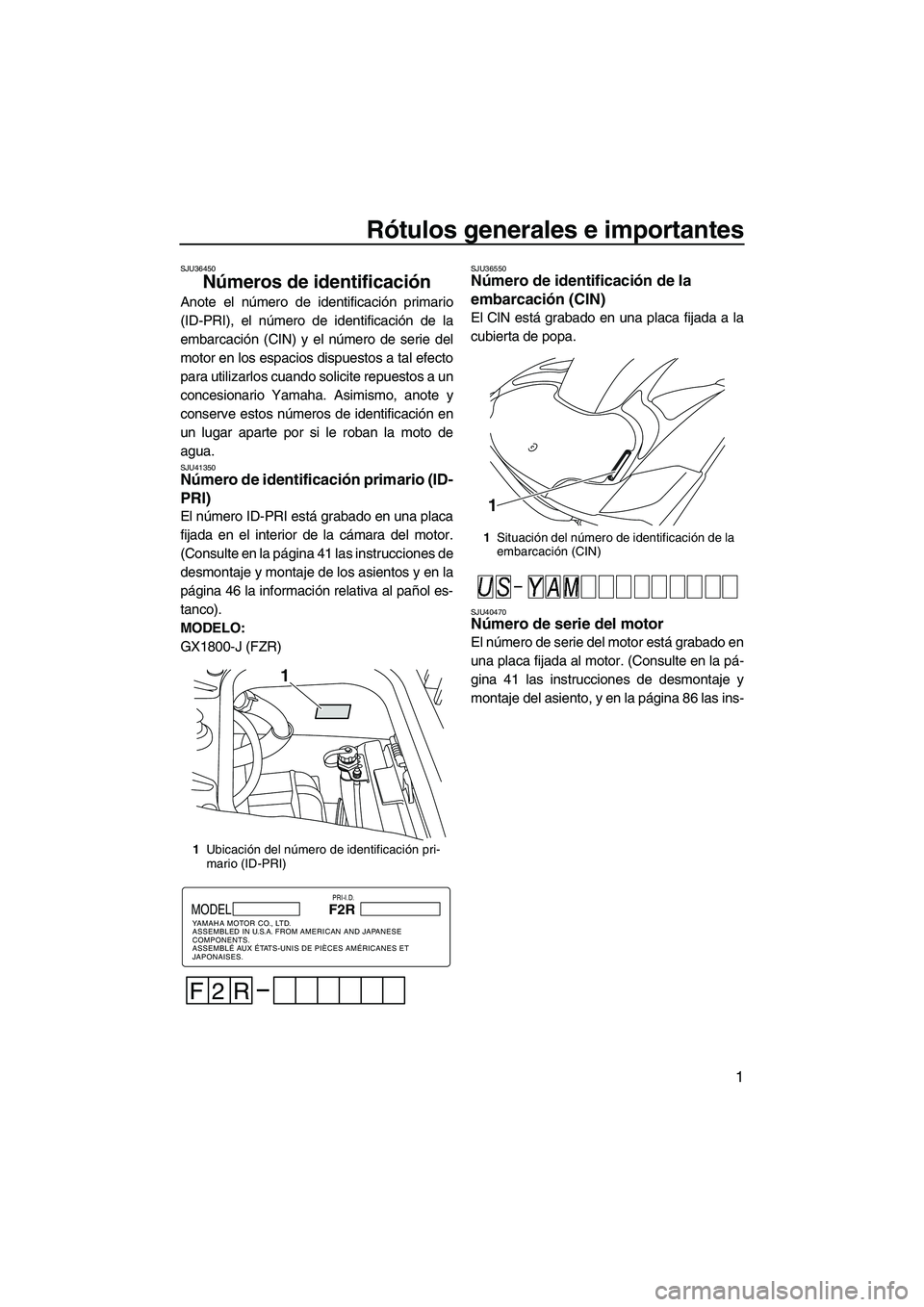 YAMAHA FZR SVHO 2010  Manuale de Empleo (in Spanish) Rótulos generales e importantes
1
SJU36450
Números de identificación 
Anote el número de identificación primario
(ID-PRI), el número de identificación de la
embarcación (CIN) y el número de s