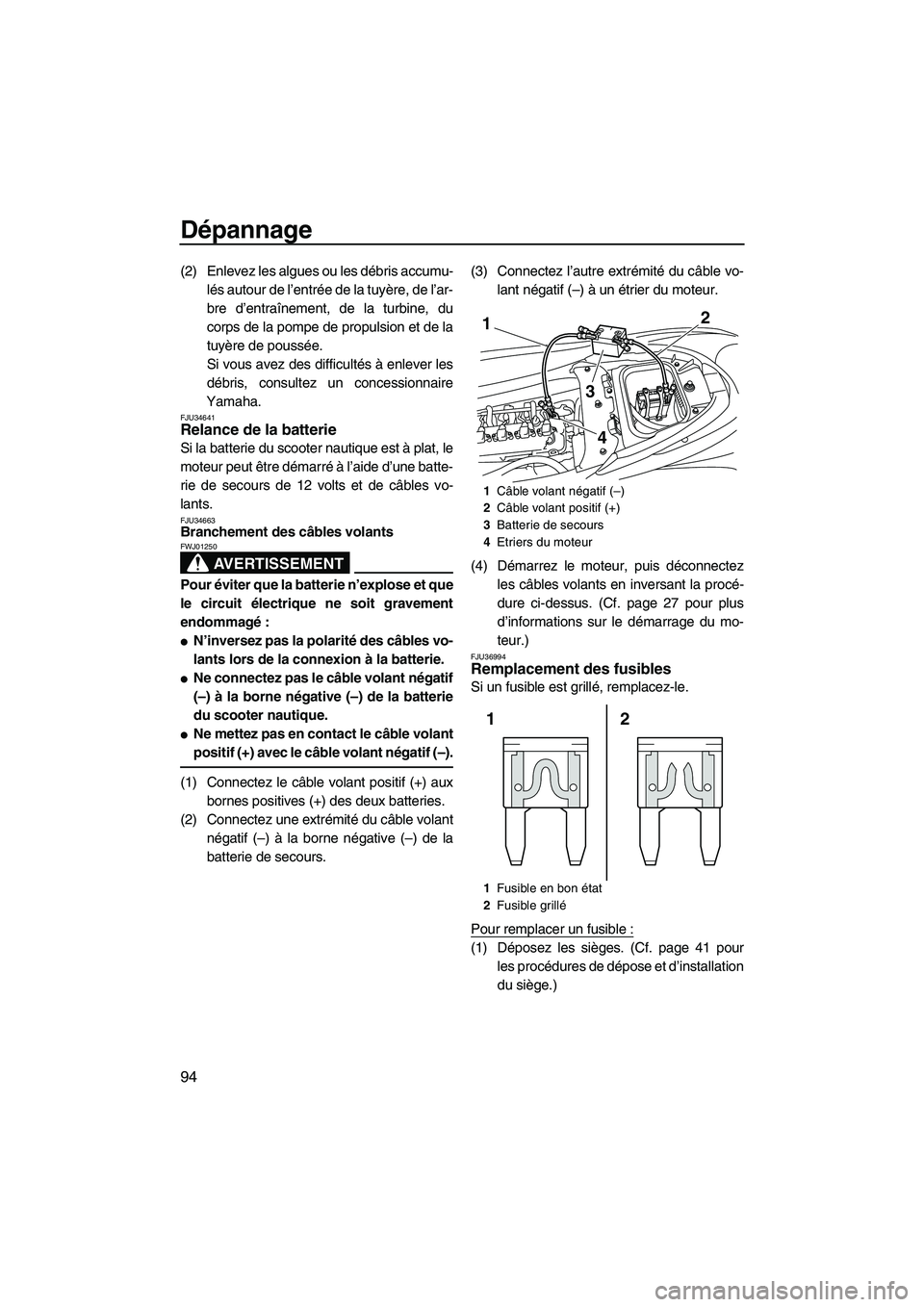 YAMAHA FZR 2010 Notices Demploi (in French) Dépannage
94
(2) Enlevez les algues ou les débris accumu-
lés autour de l’entrée de la tuyère, de l’ar-
bre d’entraînement, de la turbine, du
corps de la pompe de propulsion et de la
tuyè YAMAHA FZR 2010 Notices Demploi (in French) Dépannage
94
(2) Enlevez les algues ou les débris accumu-
lés autour de l’entrée de la tuyère, de l’ar-
bre d’entraînement, de la turbine, du
corps de la pompe de propulsion et de la
tuyè