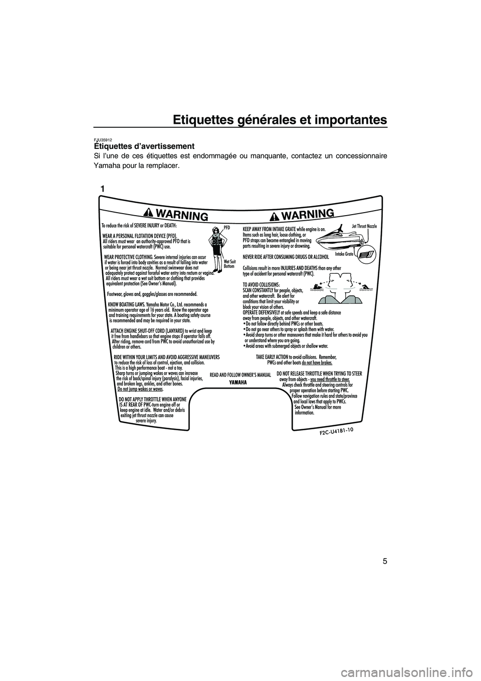 YAMAHA FZR 2010  Notices Demploi (in French) Etiquettes générales et importantes
5
FJU35912Étiquettes d’avertissement 
Si l’une de ces étiquettes est endommagée ou manquante, contactez un concessionnaire
Yamaha pour la remplacer.
1
UF2R