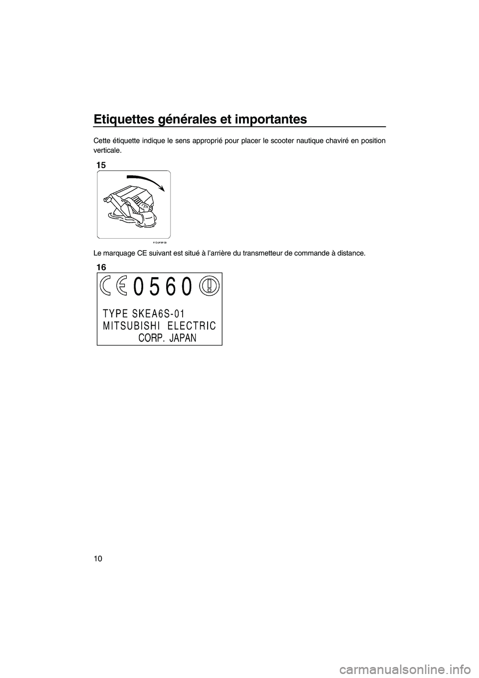 YAMAHA FZR 2010  Notices Demploi (in French) Etiquettes générales et importantes
10
Cette étiquette indique le sens approprié pour placer le scooter nautique chaviré en position
verticale.
Le marquage CE suivant est situé à l’arrière d