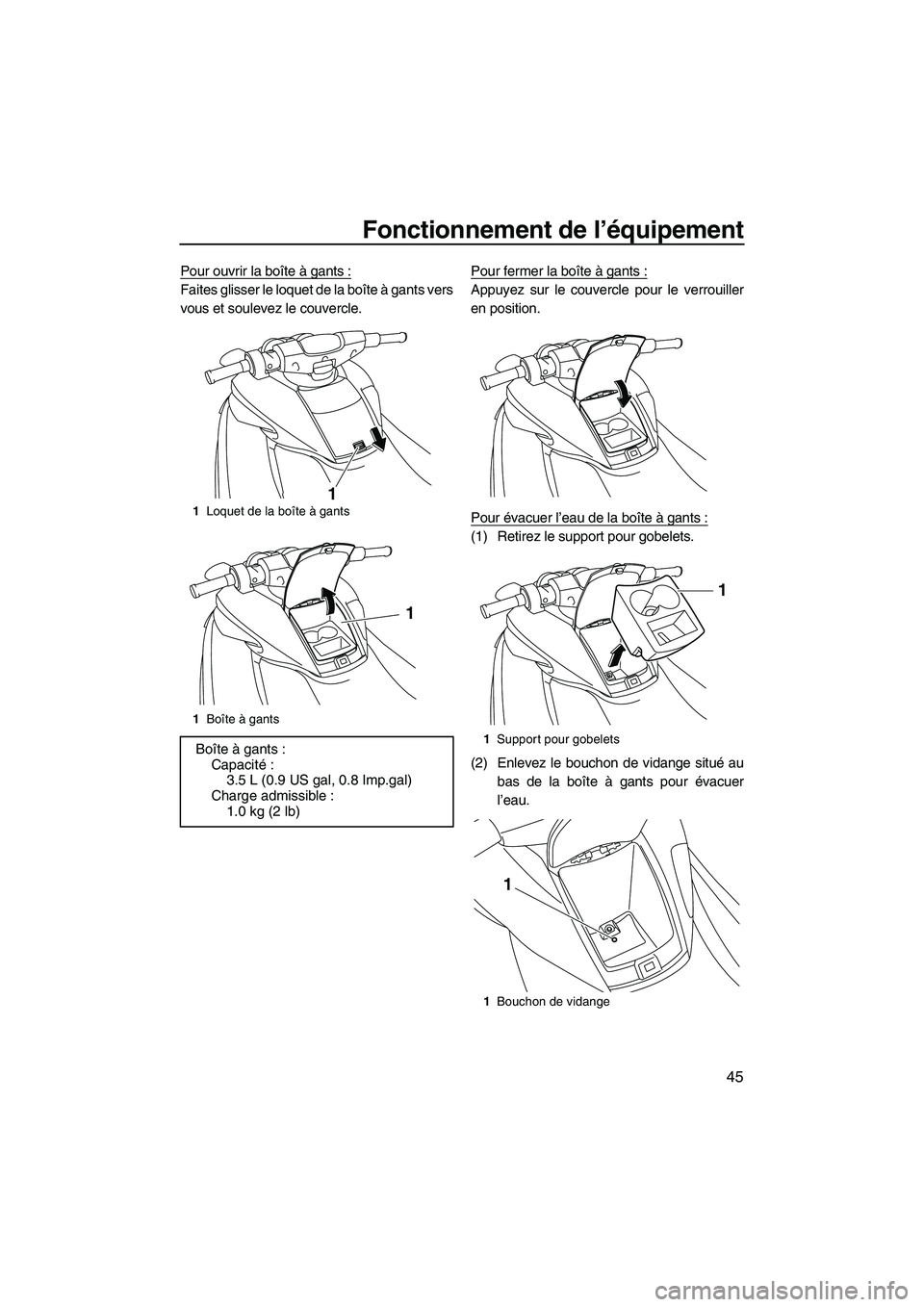 YAMAHA FZR 2010  Notices Demploi (in French) Fonctionnement de l’équipement
45
Pour ouvrir la boîte à gants :
Faites glisser le loquet de la boîte à gants vers
vous et soulevez le couvercle.Pour fermer la boîte à gants :Appuyez sur le c