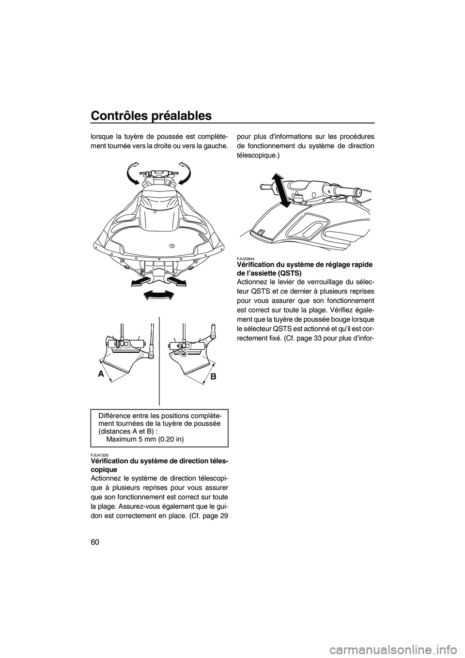 YAMAHA FZR 2010 Notices Demploi (in French) Contrôles préalables
60
lorsque la tuyère de poussée est complète-
ment tournée vers la droite ou vers la gauche.
FJU41320Vérification du système de direction téles-
copique
Actionnez le sys YAMAHA FZR 2010 Notices Demploi (in French) Contrôles préalables
60
lorsque la tuyère de poussée est complète-
ment tournée vers la droite ou vers la gauche.
FJU41320Vérification du système de direction téles-
copique
Actionnez le sys
