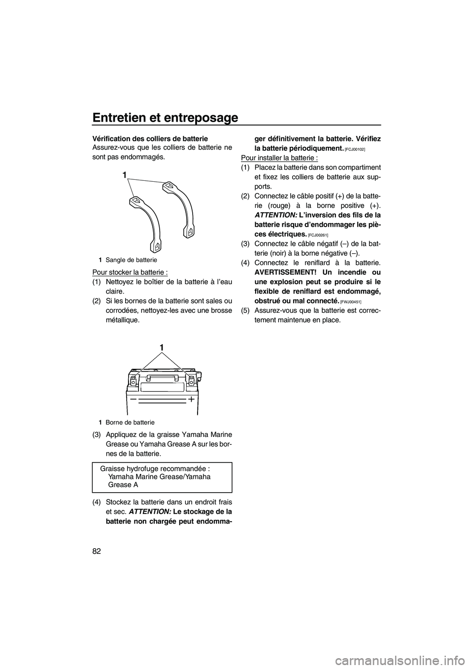YAMAHA FZR 2010  Notices Demploi (in French) Entretien et entreposage
82
Vérification des colliers de batterie
Assurez-vous que les colliers de batterie ne
sont pas endommagés.
Pour stocker la batterie :
(1) Nettoyez le boîtier de la batterie