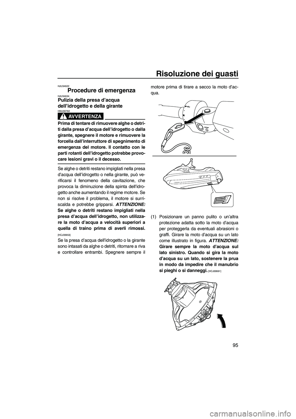 YAMAHA FZR SVHO 2010 Manuale duso (in Italian) Risoluzione dei guasti
95
HJU34622
Procedure di emergenza HJU34634Pulizia della presa d’acqua
dell’idrogetto e della girante
AVVERTENZA
HWJ00782
Prima di tentare di rimuovere alghe o detri-
ti d YAMAHA FZR SVHO 2010 Manuale duso (in Italian) Risoluzione dei guasti
95
HJU34622
Procedure di emergenza HJU34634Pulizia della presa d’acqua
dell’idrogetto e della girante
AVVERTENZA
HWJ00782
Prima di tentare di rimuovere alghe o detri-
ti d