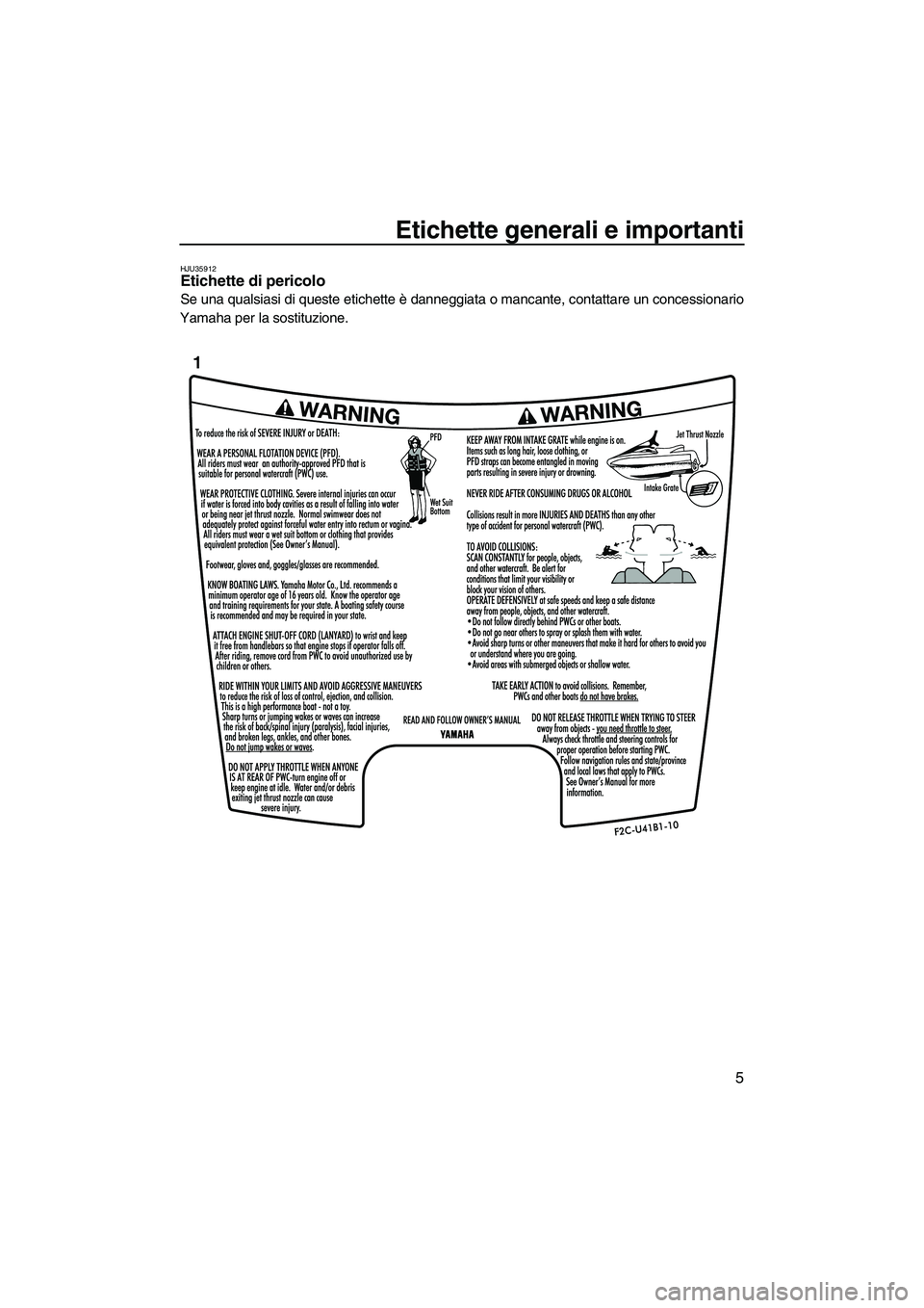 YAMAHA FZR 2010  Manuale duso (in Italian) Etichette generali e importanti
5
HJU35912Etichette di pericolo 
Se una qualsiasi di queste etichette è danneggiata o mancante, contattare un concessionario
Yamaha per la sostituzione.
1
UF2R71H0.boo