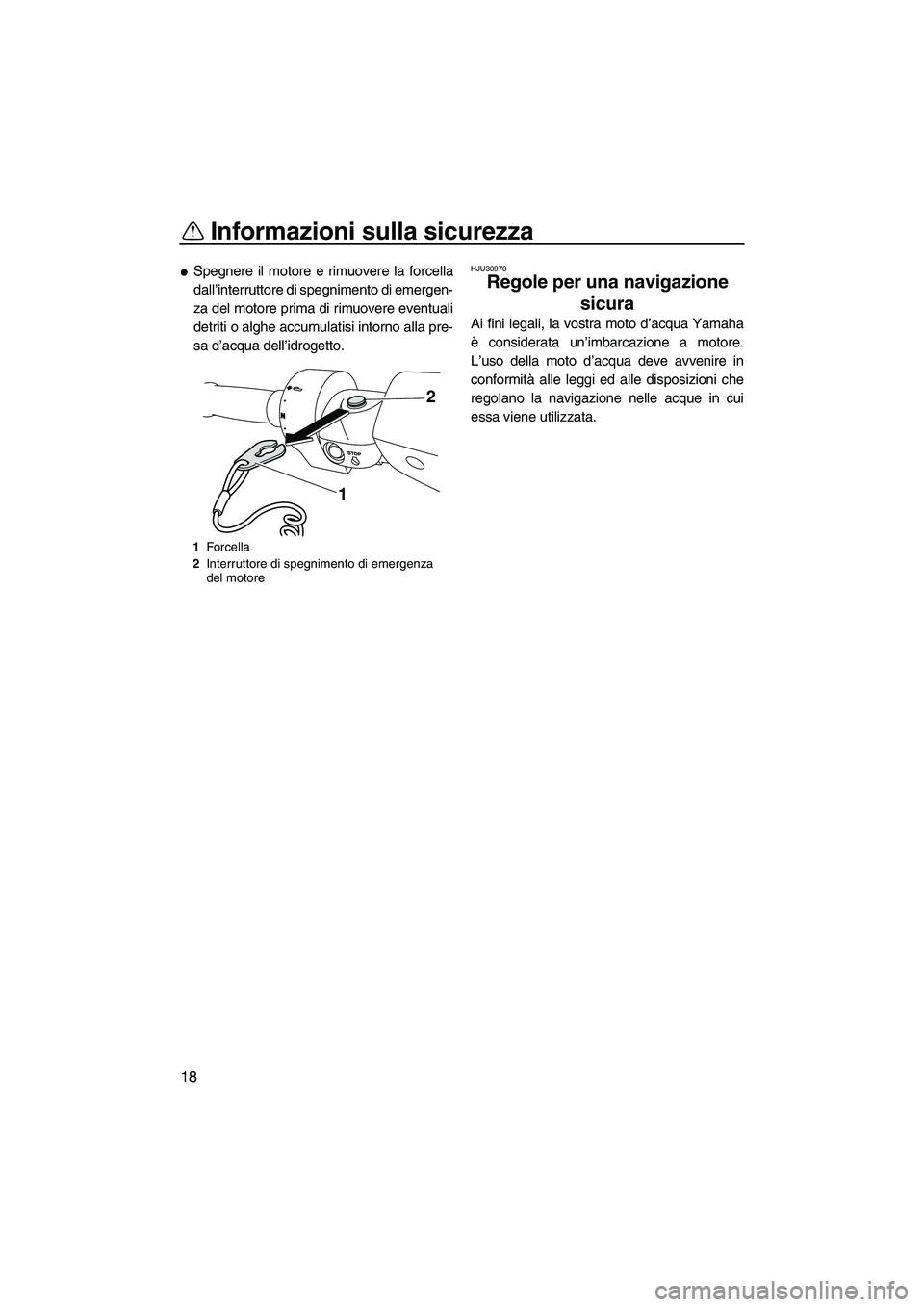 YAMAHA FZR SVHO 2010  Manuale duso (in Italian) Informazioni sulla sicurezza
18
Spegnere il motore e rimuovere la forcella
dall’interruttore di spegnimento di emergen-
za del motore prima di rimuovere eventuali
detriti o alghe accumulatisi intor