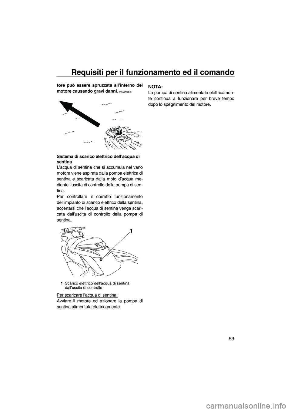 YAMAHA FZR SVHO 2010  Manuale duso (in Italian) Requisiti per il funzionamento ed il comando
53
tore può essere spruzzata all’interno del
motore causando gravi danni.
 [HCJ00553]
Sistema di scarico elettrico dell’acqua di 
sentina
L’acqua di