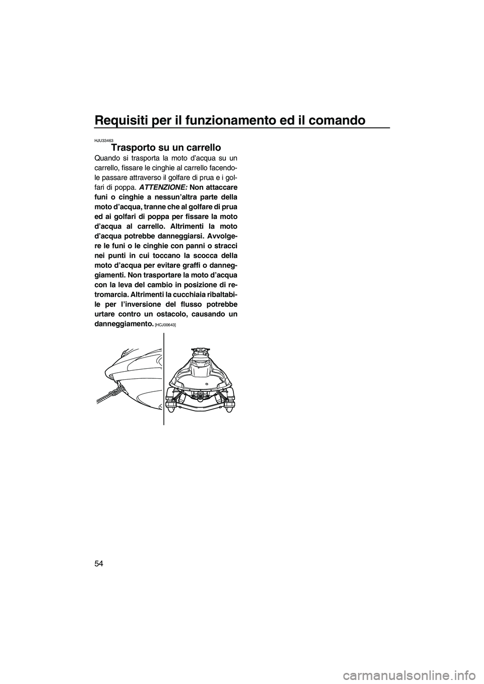YAMAHA FZR SVHO 2010 Manuale duso (in Italian) Requisiti per il funzionamento ed il comando
54
HJU33463
Trasporto su un carrello
Quando si trasporta la moto d’acqua su un
carrello, fissare le cinghie al carrello facendo-
le passare attraverso i YAMAHA FZR SVHO 2010 Manuale duso (in Italian) Requisiti per il funzionamento ed il comando
54
HJU33463
Trasporto su un carrello
Quando si trasporta la moto d’acqua su un
carrello, fissare le cinghie al carrello facendo-
le passare attraverso i