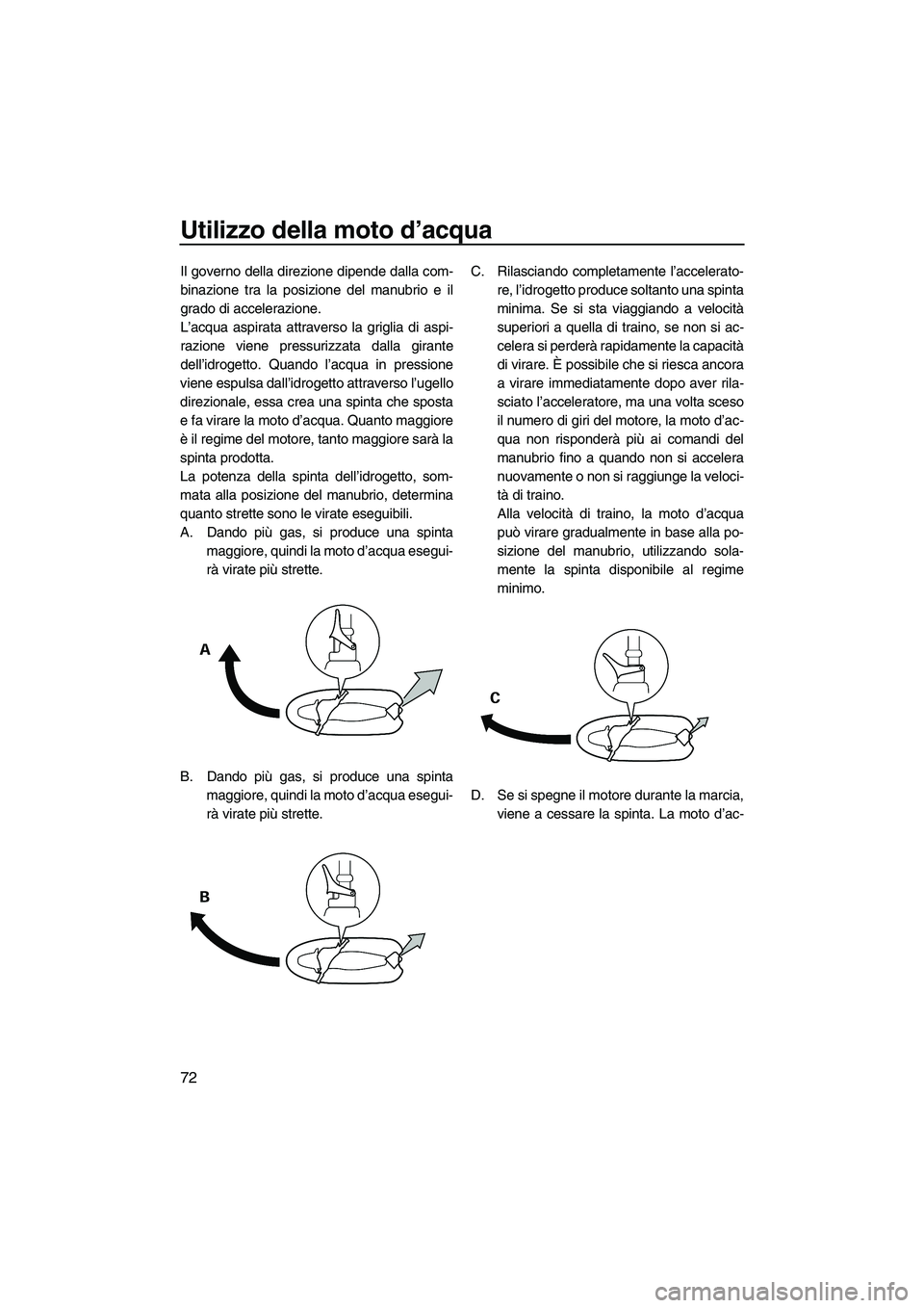 YAMAHA FZR SVHO 2010 Manuale duso (in Italian) Utilizzo della moto d’acqua
72
Il governo della direzione dipende dalla com-
binazione tra la posizione del manubrio e il
grado di accelerazione.
L’acqua aspirata attraverso la griglia di aspi-
ra YAMAHA FZR SVHO 2010 Manuale duso (in Italian) Utilizzo della moto d’acqua
72
Il governo della direzione dipende dalla com-
binazione tra la posizione del manubrio e il
grado di accelerazione.
L’acqua aspirata attraverso la griglia di aspi-
ra
