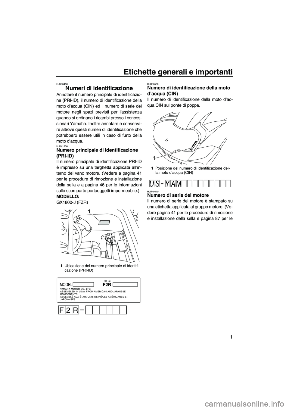 YAMAHA FZR SVHO 2010  Manuale duso (in Italian) Etichette generali e importanti
1
HJU36450
Numeri di identificazione 
Annotare il numero principale di identificazio-
ne (PRI-ID), il numero di identificazione della
moto d’acqua (CIN) ed il numero 