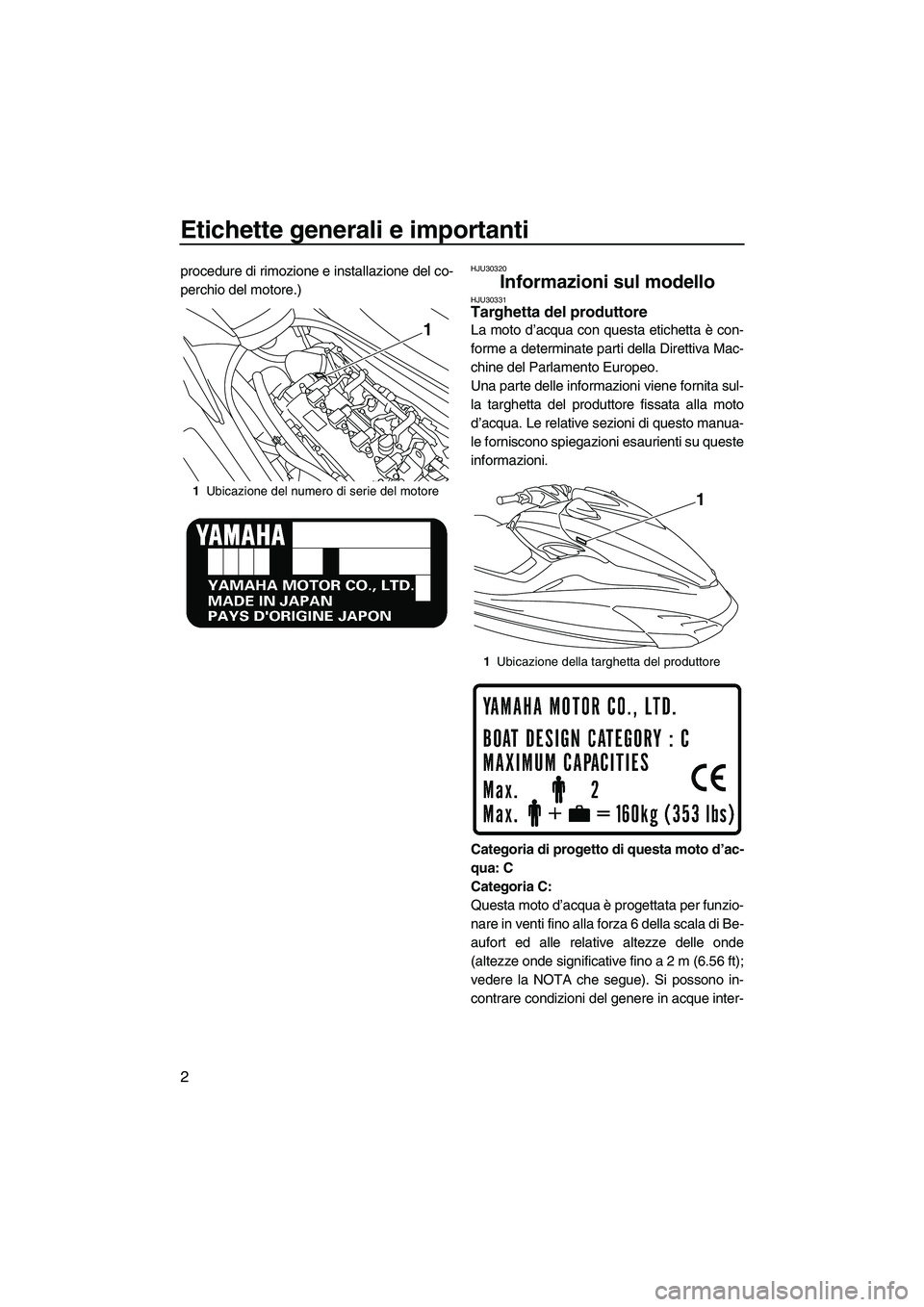 YAMAHA FZR SVHO 2010 Manuale duso (in Italian) Etichette generali e importanti
2
procedure di rimozione e installazione del co-
perchio del motore.)HJU30320
Informazioni sul modello HJU30331Targhetta del produttore
La moto d’acqua con questa et YAMAHA FZR SVHO 2010 Manuale duso (in Italian) Etichette generali e importanti
2
procedure di rimozione e installazione del co-
perchio del motore.)HJU30320
Informazioni sul modello HJU30331Targhetta del produttore
La moto d’acqua con questa et