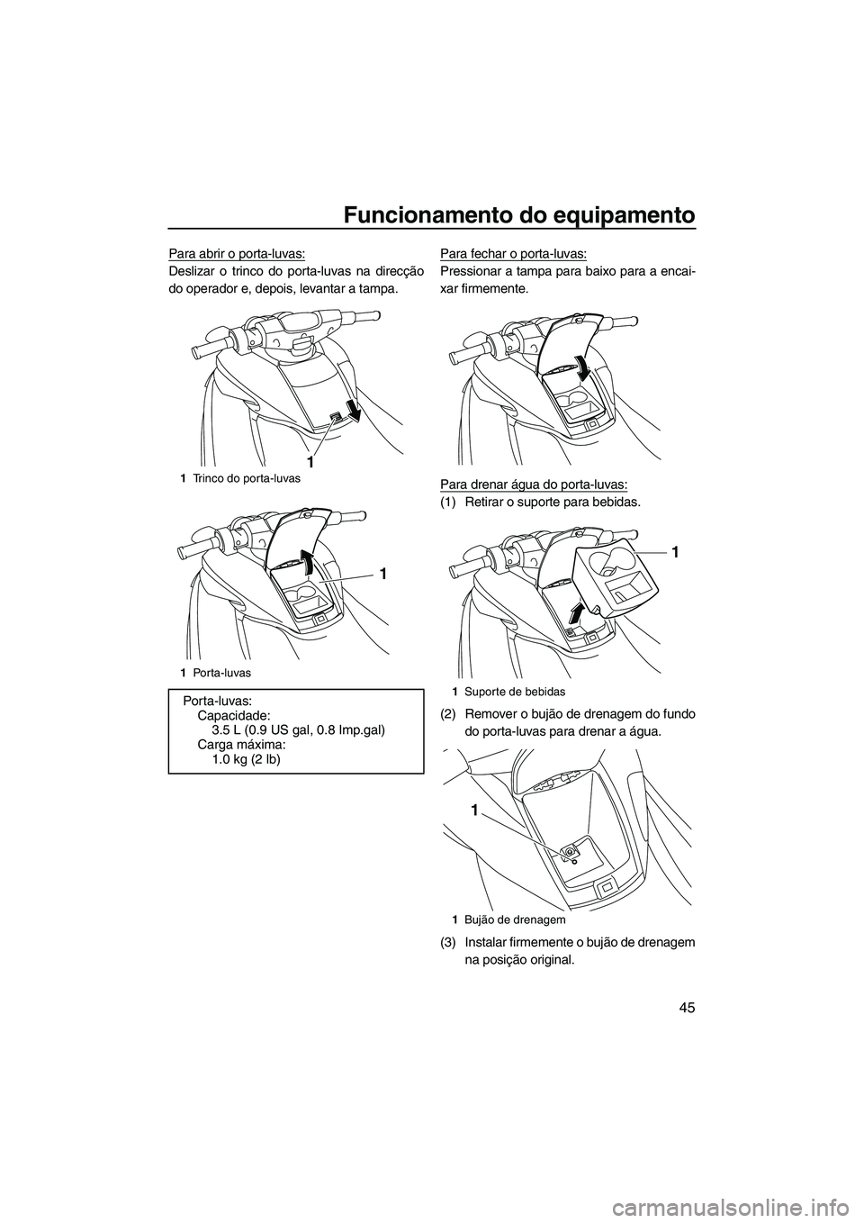 YAMAHA FZR 2010  Manual de utilização (in Portuguese) Funcionamento do equipamento
45
Para abrir o porta-luvas:
Deslizar o trinco do porta-luvas na direcção
do operador e, depois, levantar a tampa.Para fechar o porta-luvas:Pressionar a tampa para baixo