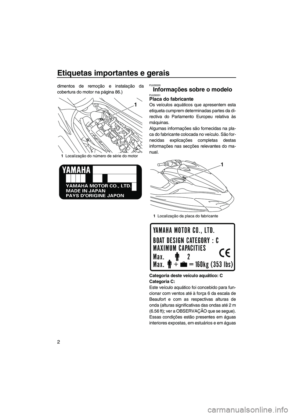 YAMAHA FZR SVHO 2010  Manual de utilização (in Portuguese) Etiquetas importantes e gerais
2
dimentos de remoção e instalação da
cobertura do motor na página 86.)PJU30320
Informações sobre o modelo PJU30331Placa do fabricante 
Os veículos aquáticos qu