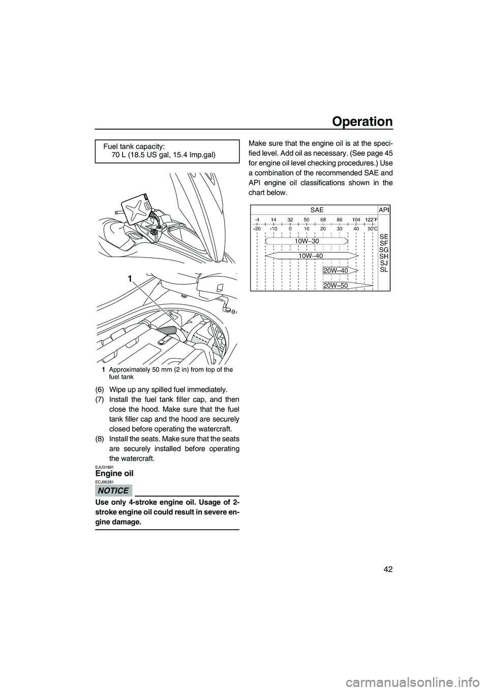 YAMAHA FZR 2009  Owners Manual Operation
42
(6) Wipe up any spilled fuel immediately.
(7) Install the fuel tank filler cap, and then
close the hood. Make sure that the fuel
tank filler cap and the hood are securely
closed before op