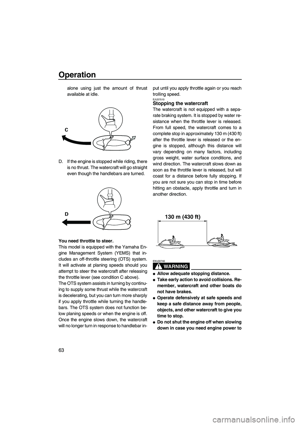 YAMAHA FZR SVHO 2009 Repair Manual Operation
63
alone using just the amount of thrust
available at idle.
D. If the engine is stopped while riding, there
is no thrust. The watercraft will go straight
even though the handlebars are turne