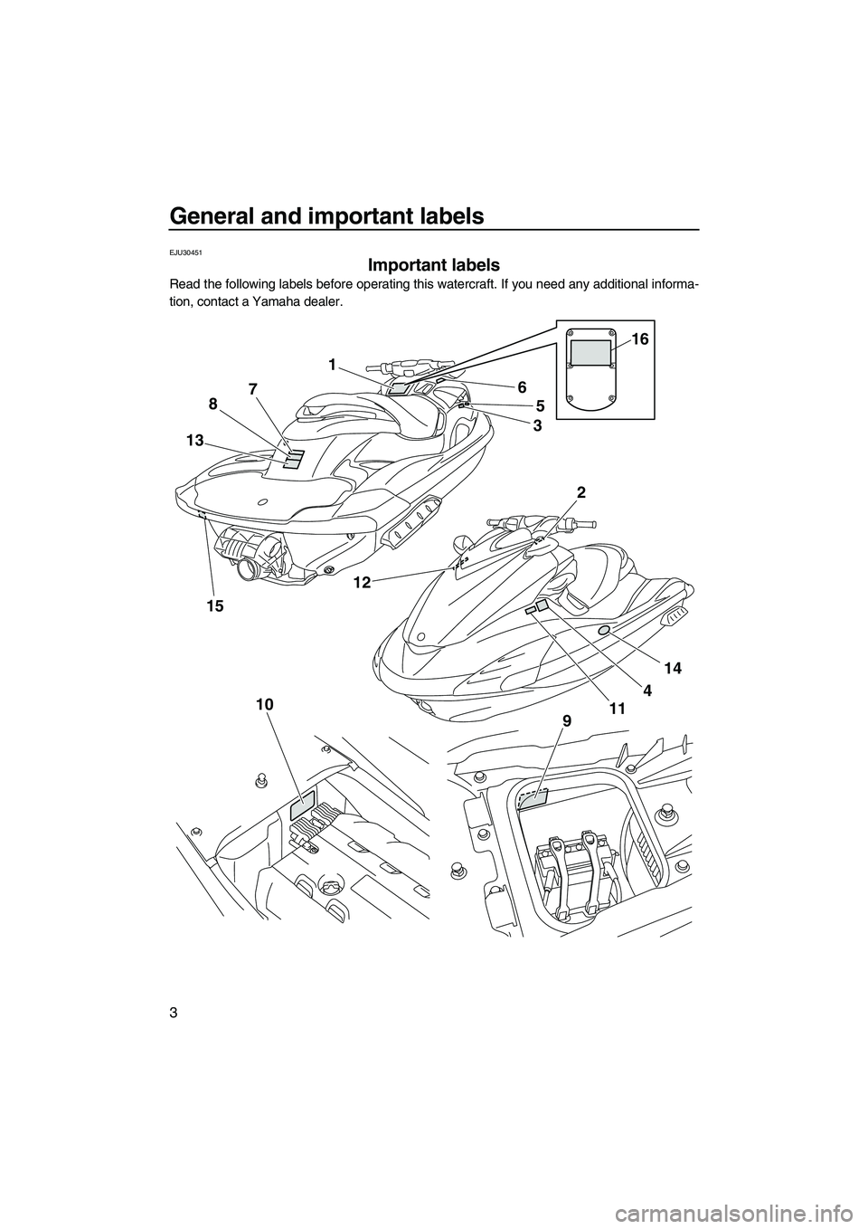 YAMAHA FZR 2009  Owners Manual General and important labels
3
EJU30451
Important labels 
Read the following labels before operating this watercraft. If you need any additional informa-
tion, contact a Yamaha dealer.
1
5
3
4
11 6
87