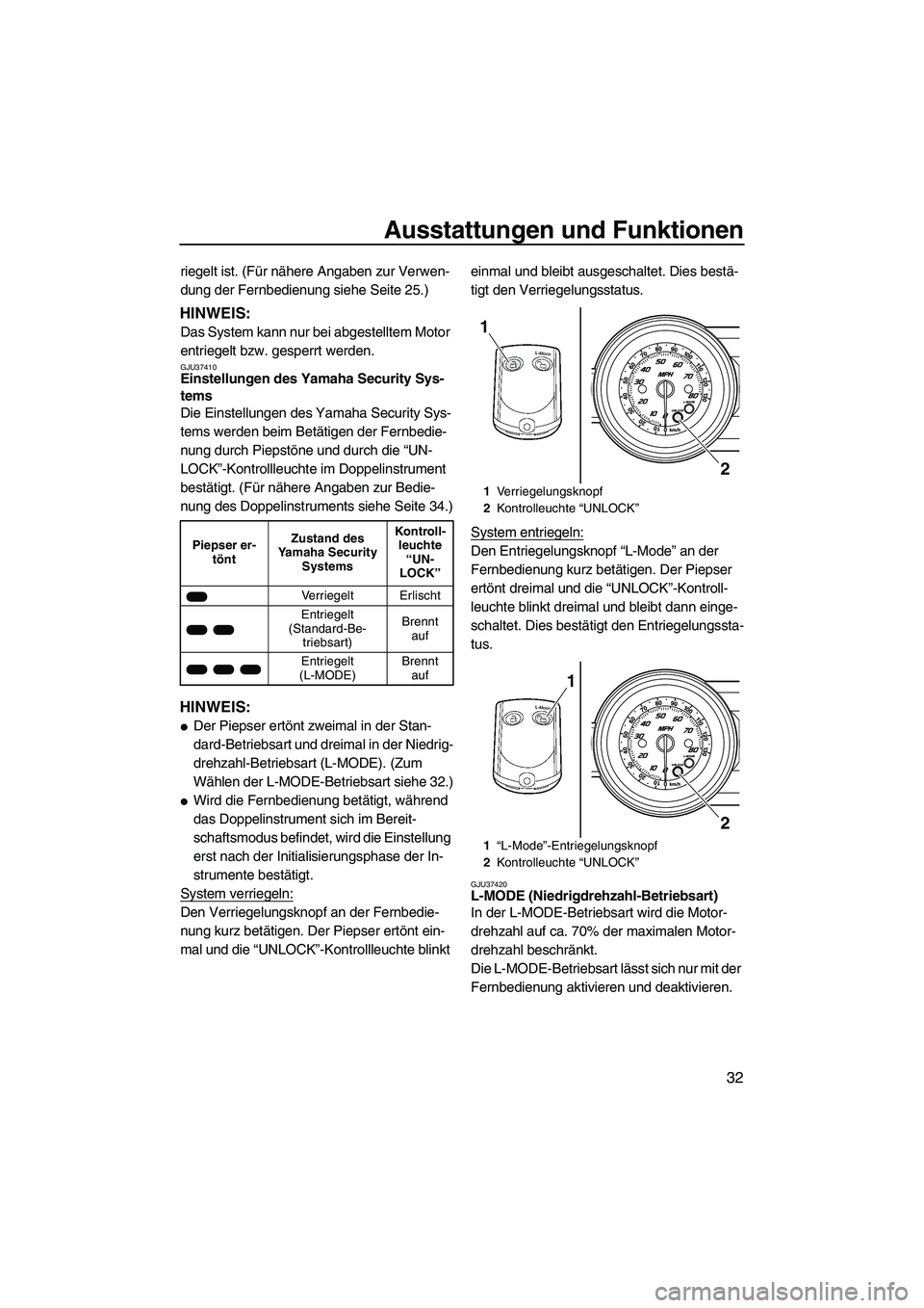 YAMAHA FZR 2009  Betriebsanleitungen (in German) Ausstattungen und Funktionen
32
riegelt ist. (Für nähere Angaben zur Verwen-
dung der Fernbedienung siehe Seite 25.)
HINWEIS:
Das System kann nur bei abgestelltem Motor 
entriegelt bzw. gesperrt wer