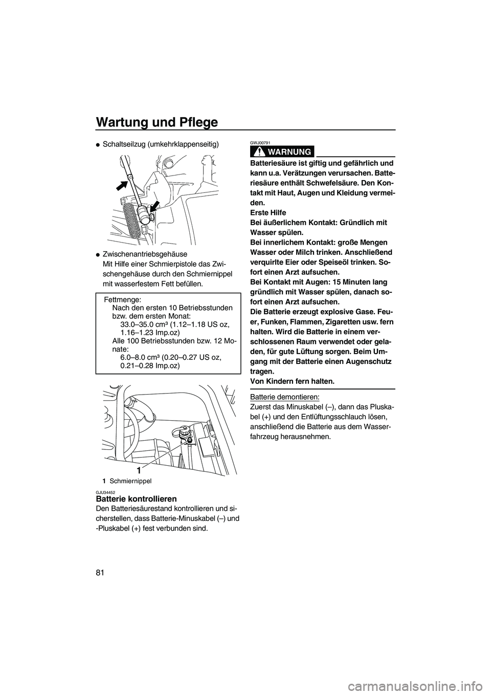 YAMAHA FZR 2009  Betriebsanleitungen (in German) Wartung und Pflege
81
Schaltseilzug (umkehrklappenseitig)
Zwischenantriebsgehäuse
Mit Hilfe einer Schmierpistole das Zwi-
schengehäuse durch den Schmiernippel 
mit wasserfestem Fett befüllen.
GJU