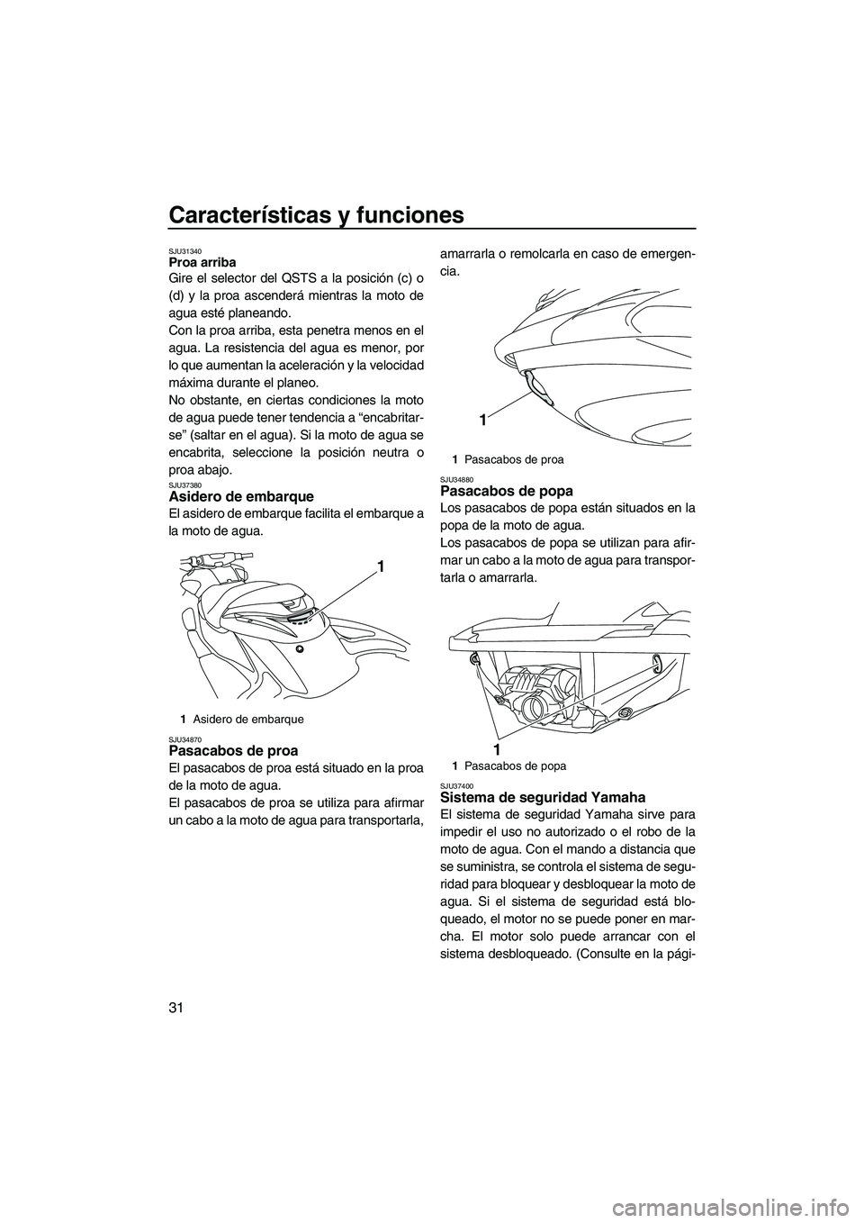 YAMAHA FZR 2009  Manuale de Empleo (in Spanish) Características y funciones
31
SJU31340Proa arriba 
Gire el selector del QSTS a la posición (c) o
(d) y la proa ascenderá mientras la moto de
agua esté planeando.
Con la proa arriba, esta penetra 