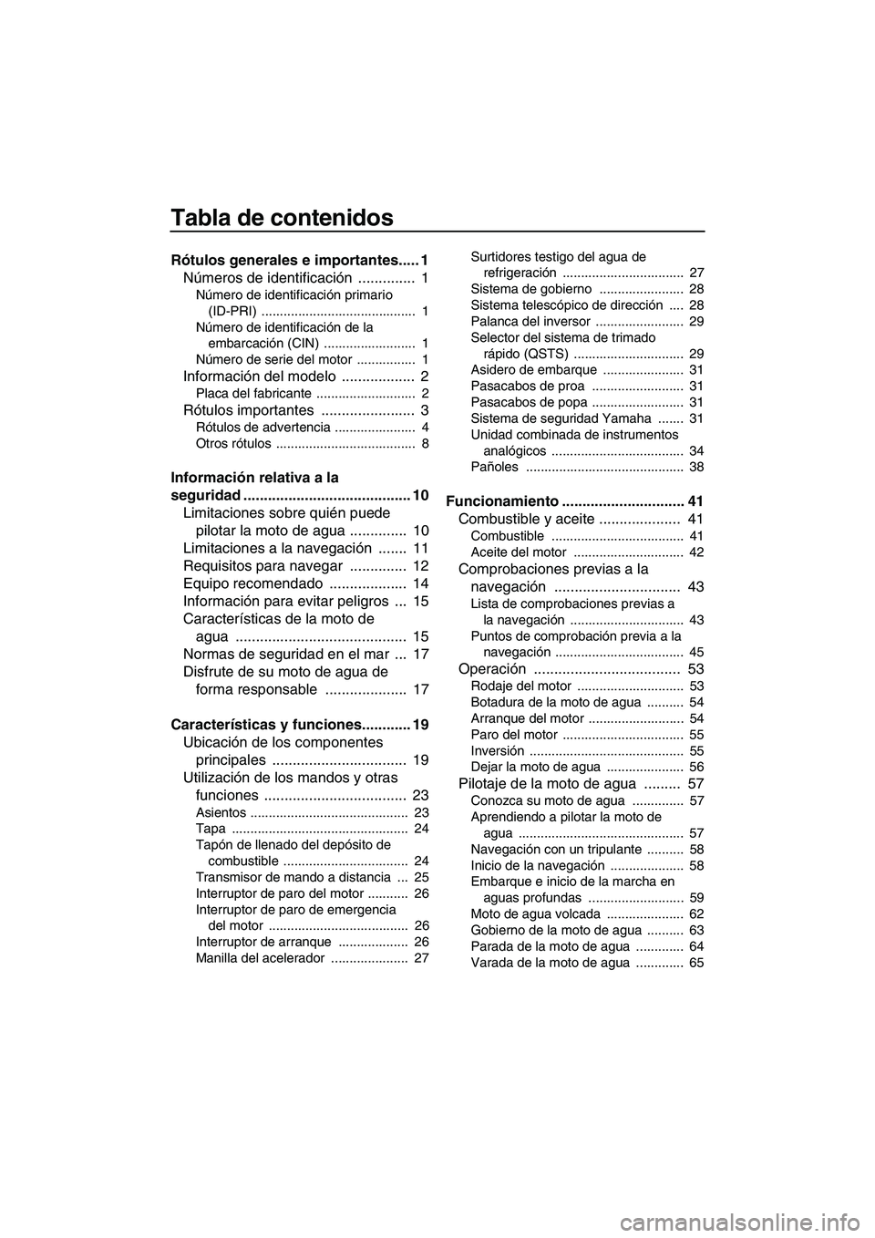 YAMAHA FZR 2009  Manuale de Empleo (in Spanish) Tabla de contenidos
Rótulos generales e importantes..... 1
Números de identificación  ..............  1
Número de identificación primario 
(ID-PRI) ..........................................  1
N