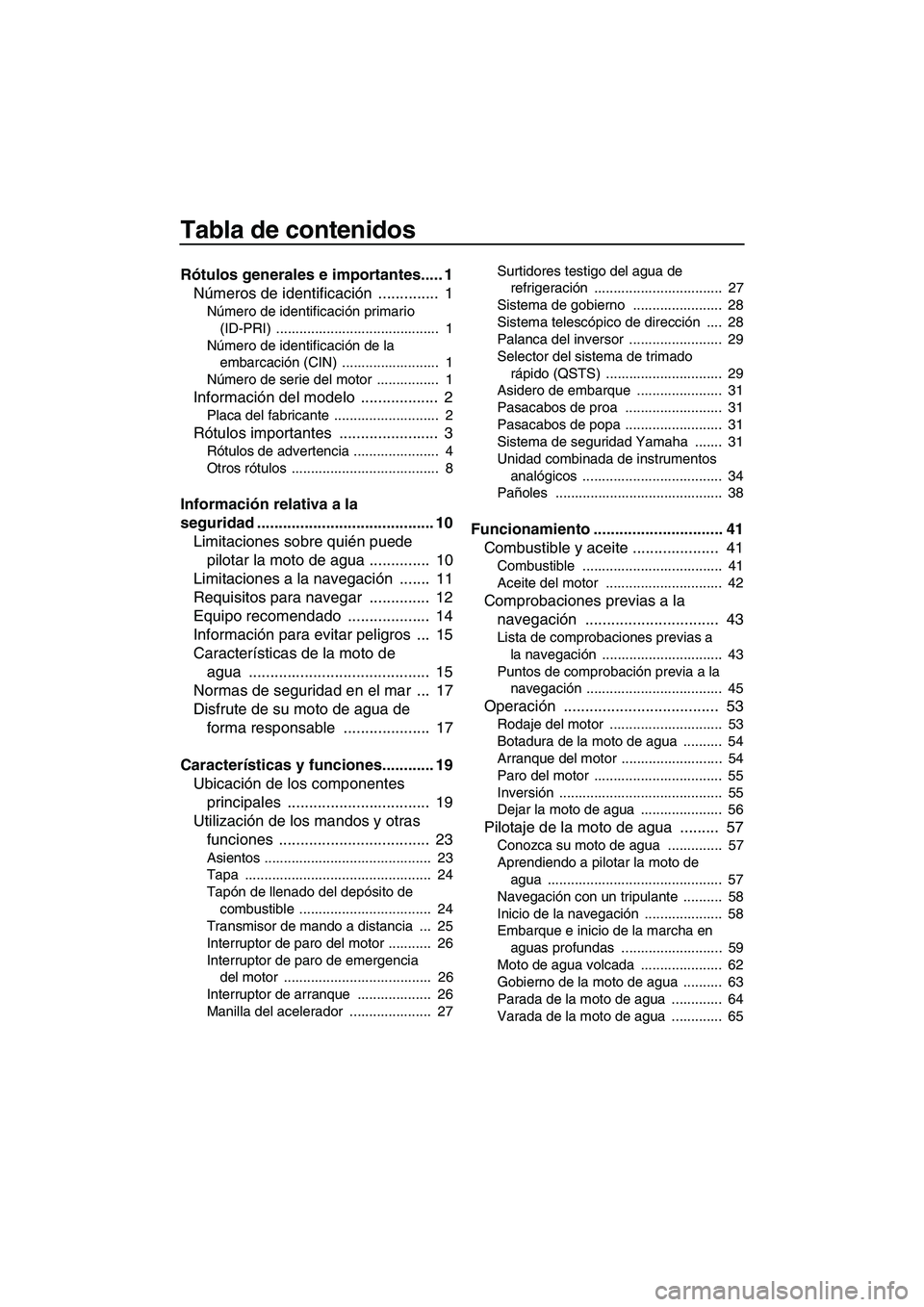YAMAHA FZR 2009 Manuale de Empleo (in Spanish) Tabla de contenidos
Rótulos generales e importantes..... 1
Números de identificación .............. 1
Número de identificación primario
(ID-PRI) .......................................... 1
N YAMAHA FZR 2009 Manuale de Empleo (in Spanish) Tabla de contenidos
Rótulos generales e importantes..... 1
Números de identificación .............. 1
Número de identificación primario
(ID-PRI) .......................................... 1
N