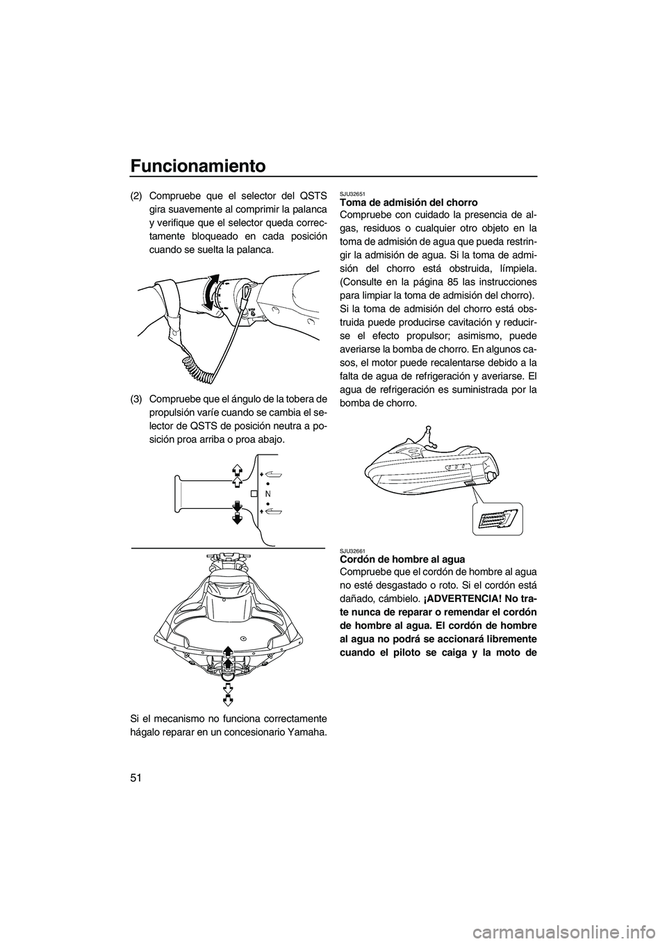 YAMAHA FZR 2009 Manuale de Empleo (in Spanish) Funcionamiento
51
(2) Compruebe que el selector del QSTS
gira suavemente al comprimir la palanca
y verifique que el selector queda correc-
tamente bloqueado en cada posición
cuando se suelta la palan YAMAHA FZR 2009 Manuale de Empleo (in Spanish) Funcionamiento
51
(2) Compruebe que el selector del QSTS
gira suavemente al comprimir la palanca
y verifique que el selector queda correc-
tamente bloqueado en cada posición
cuando se suelta la palan