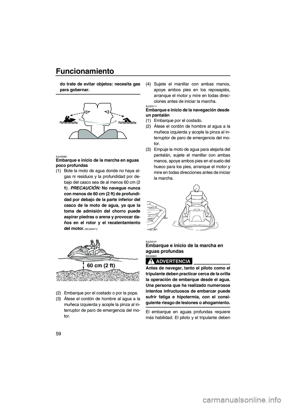 YAMAHA FZR 2009  Manuale de Empleo (in Spanish) Funcionamiento
59
do trate de evitar objetos: necesita gas
para gobernar.
SJU33092Embarque e inicio de la marcha en aguas 
poco profundas 
(1) Bote la moto de agua donde no haya al-
gas ni residuos y 