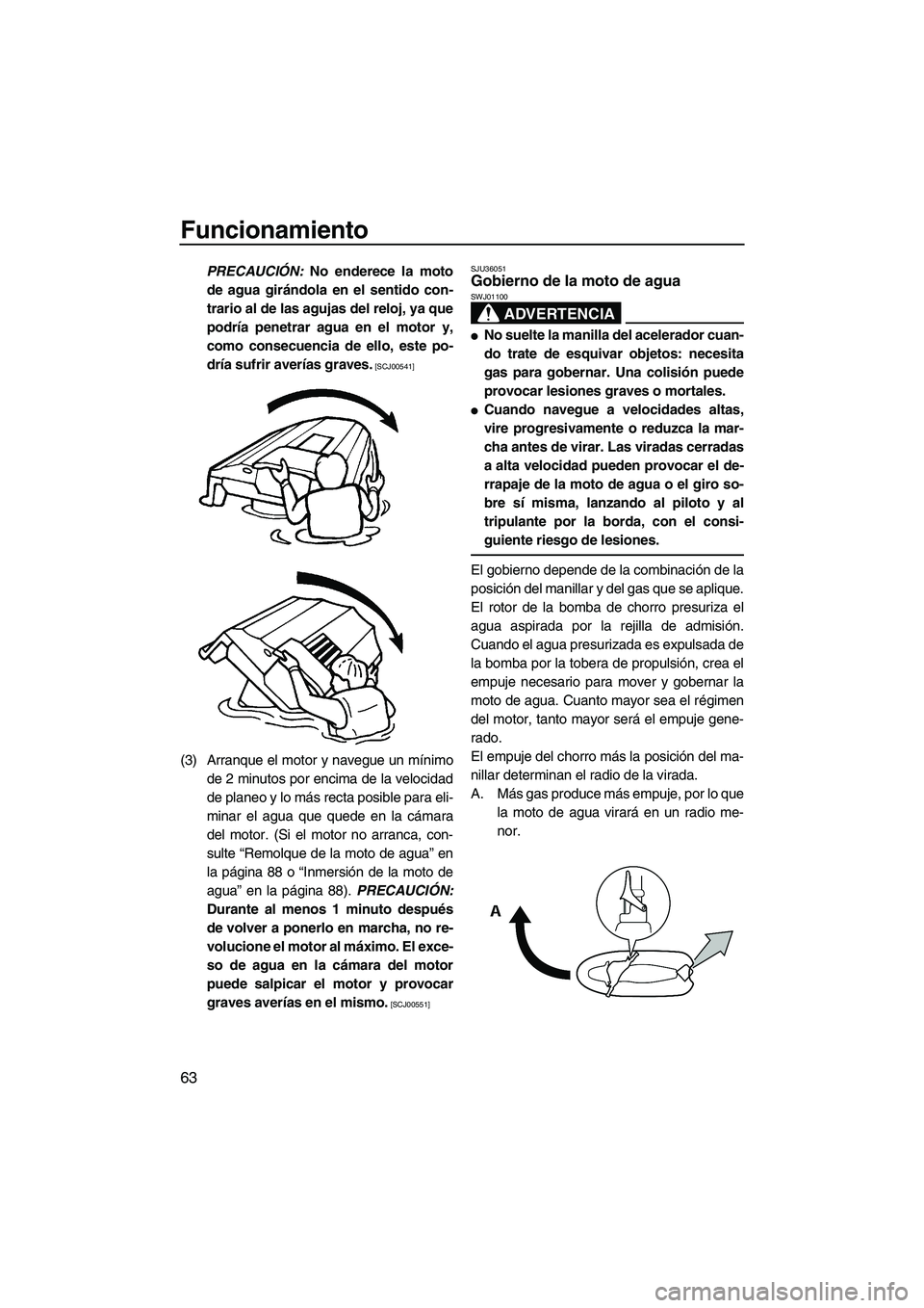YAMAHA FZR 2009  Manuale de Empleo (in Spanish) Funcionamiento
63
PRECAUCIÓN: No enderece la moto
de agua girándola en el sentido con-
trario al de las agujas del reloj, ya que
podría penetrar agua en el motor y,
como consecuencia de ello, este 