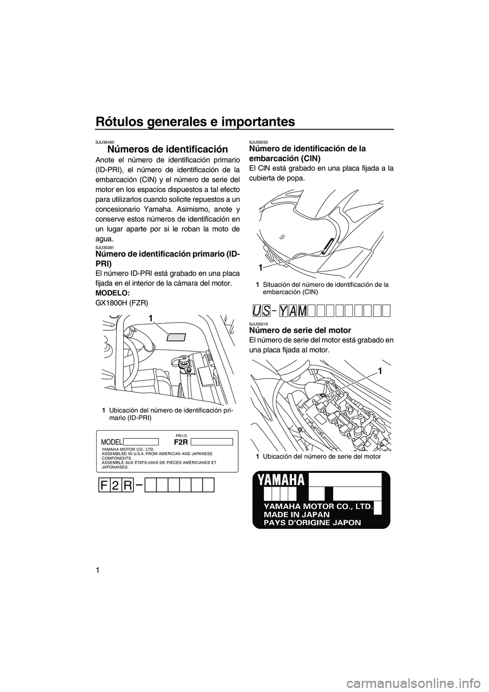 YAMAHA FZR 2009 Manuale de Empleo (in Spanish) Rótulos generales e importantes
1
SJU36450
Números de identificación
Anote el número de identificación primario
(ID-PRI), el número de identificación de la
embarcación (CIN) y el número de s YAMAHA FZR 2009 Manuale de Empleo (in Spanish) Rótulos generales e importantes
1
SJU36450
Números de identificación
Anote el número de identificación primario
(ID-PRI), el número de identificación de la
embarcación (CIN) y el número de s