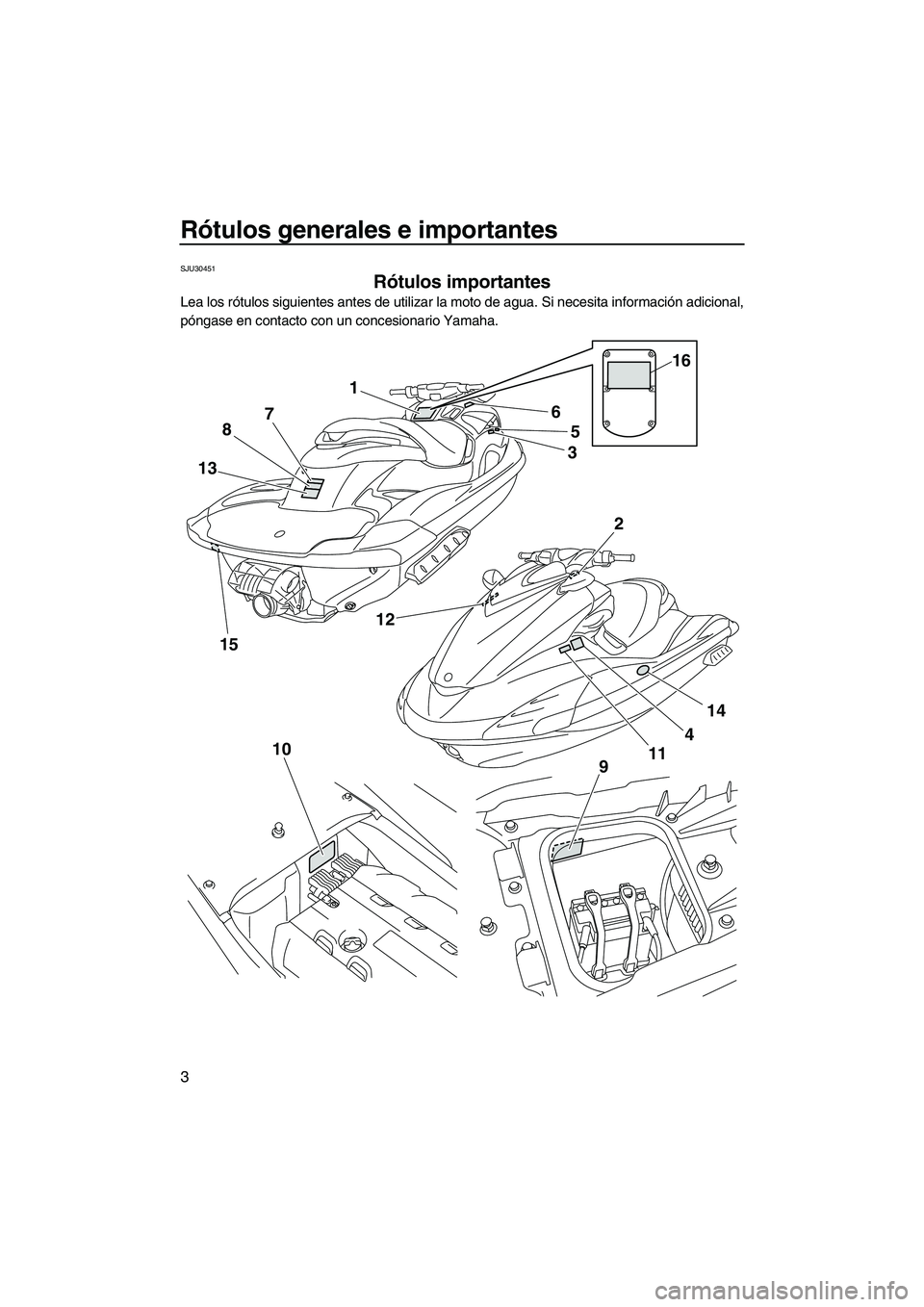 YAMAHA FZR 2009 Manuale de Empleo (in Spanish) Rótulos generales e importantes
3
SJU30451
Rótulos importantes
Lea los rótulos siguientes antes de utilizar la moto de agua. Si necesita información adicional,
póngase en contacto con un concesi YAMAHA FZR 2009 Manuale de Empleo (in Spanish) Rótulos generales e importantes
3
SJU30451
Rótulos importantes
Lea los rótulos siguientes antes de utilizar la moto de agua. Si necesita información adicional,
póngase en contacto con un concesi