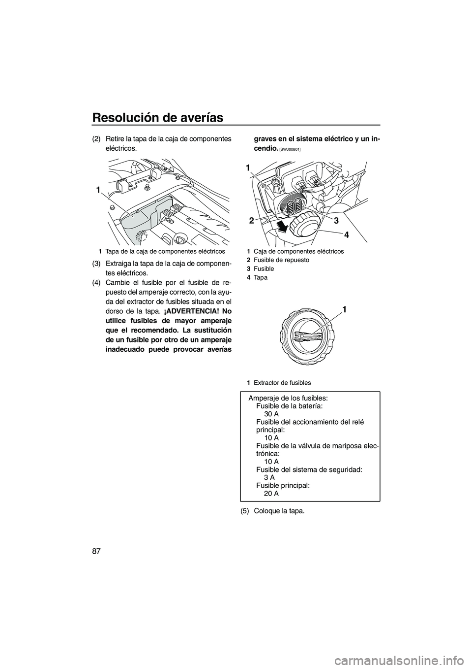 YAMAHA FZR 2009  Manuale de Empleo (in Spanish) Resolución de averías
87
(2) Retire la tapa de la caja de componentes
eléctricos.
(3) Extraiga la tapa de la caja de componen-
tes eléctricos.
(4) Cambie el fusible por el fusible de re-
puesto de