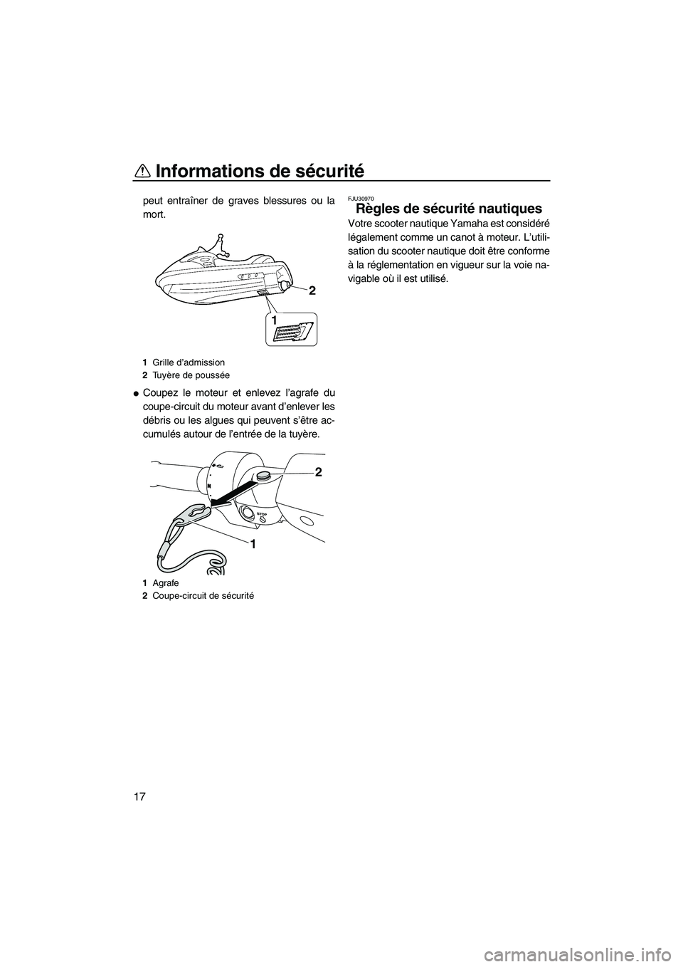 YAMAHA FZR 2009  Notices Demploi (in French) Informations de sécurité
17
peut entraîner de graves blessures ou la
mort.
Coupez le moteur et enlevez l’agrafe du
coupe-circuit du moteur avant d’enlever les
débris ou les algues qui peuvent