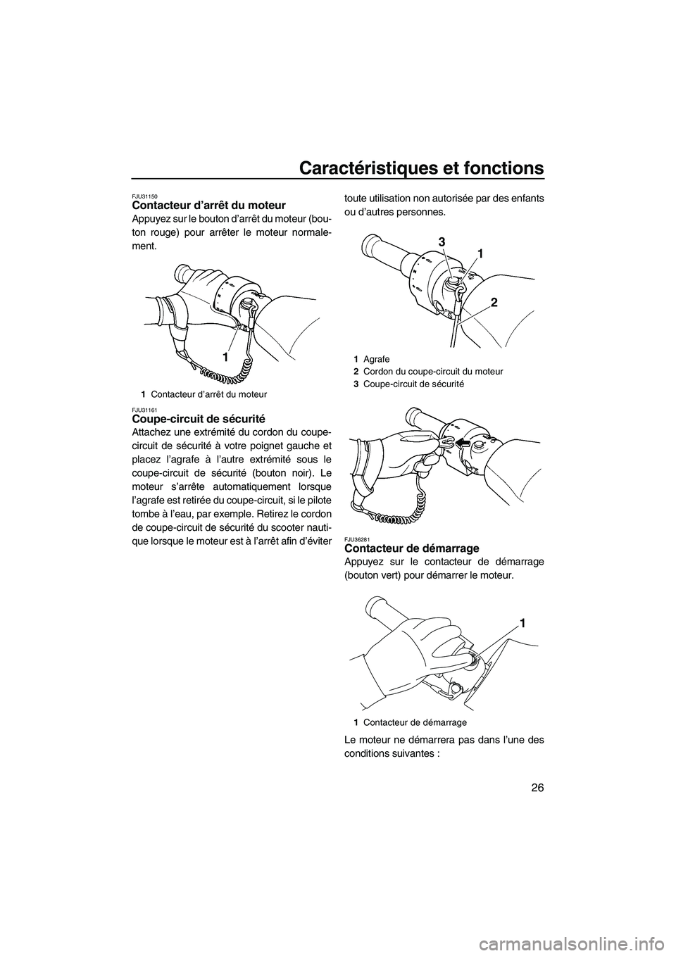 YAMAHA FZR SVHO 2009  Notices Demploi (in French) Caractéristiques et fonctions
26
FJU31150Contacteur d’arrêt du moteur 
Appuyez sur le bouton d’arrêt du moteur (bou-
ton rouge) pour arrêter le moteur normale-
ment.
FJU31161Coupe-circuit de s