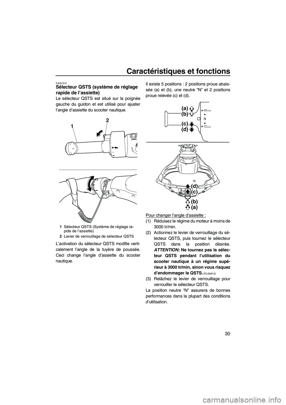 YAMAHA FZR SVHO 2009  Notices Demploi (in French) Caractéristiques et fonctions
30
FJU31312Sélecteur QSTS (système de réglage 
rapide de l’assiette) 
Le sélecteur QSTS est situé sur la poignée
gauche du guidon et est utilisé pour ajuster
l