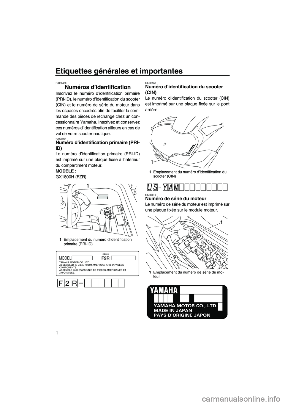 YAMAHA FZR 2009  Notices Demploi (in French) Etiquettes générales et importantes
1
FJU36450
Numéros d’identification 
Inscrivez le numéro d’identification primaire
(PRI-ID), le numéro d’identification du scooter
(CIN) et le numéro de