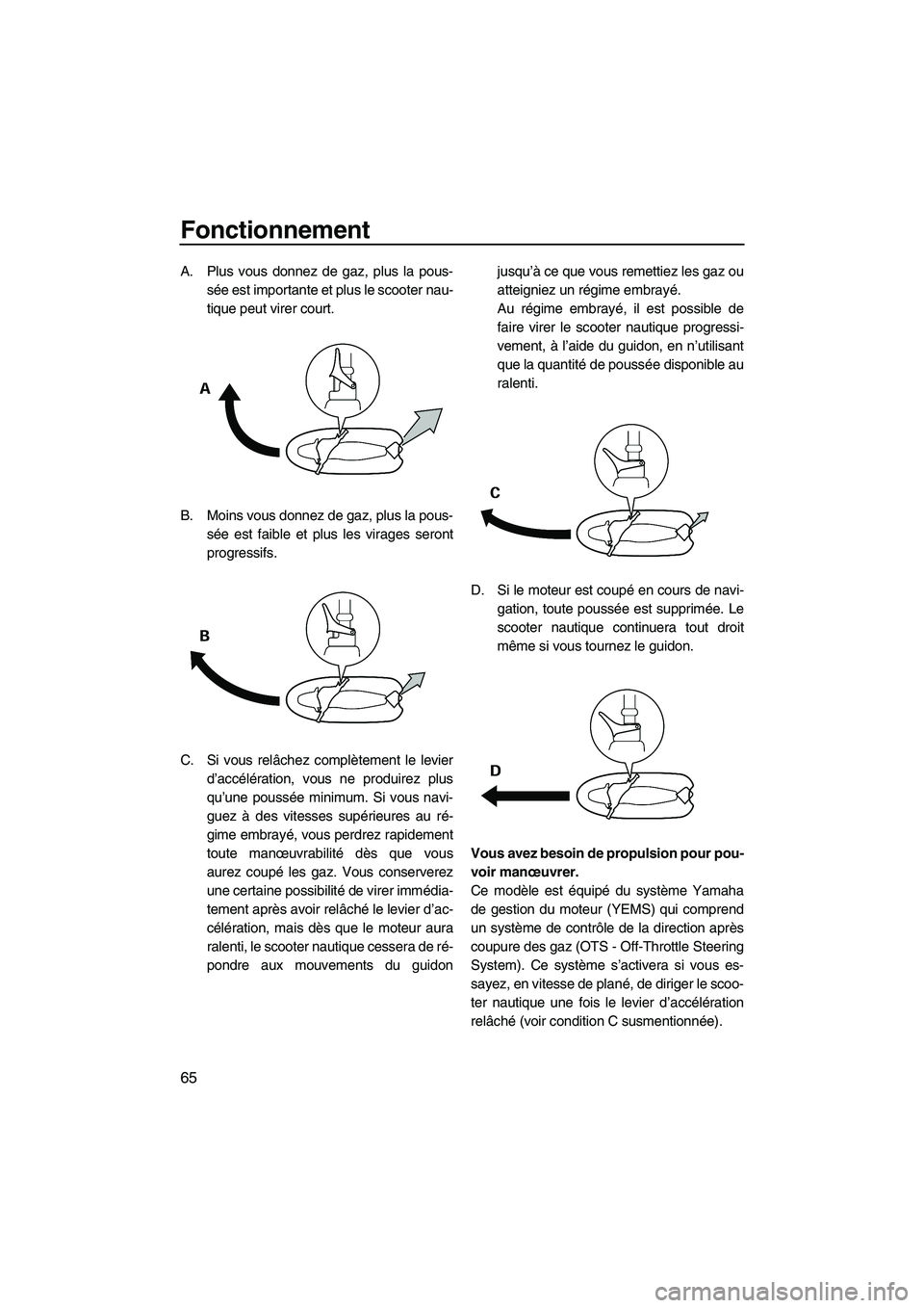 YAMAHA FZR 2009 Notices Demploi (in French) Fonctionnement
65
A. Plus vous donnez de gaz, plus la pous-
sée est importante et plus le scooter nau-
tique peut virer court.
B. Moins vous donnez de gaz, plus la pous-
sée est faible et plus les v YAMAHA FZR 2009 Notices Demploi (in French) Fonctionnement
65
A. Plus vous donnez de gaz, plus la pous-
sée est importante et plus le scooter nau-
tique peut virer court.
B. Moins vous donnez de gaz, plus la pous-
sée est faible et plus les v