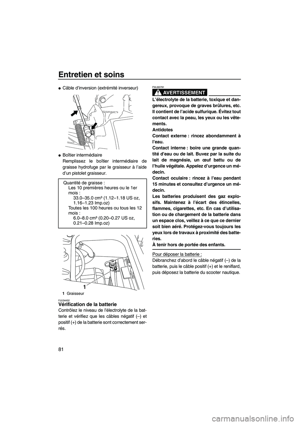 YAMAHA FZR 2009  Notices Demploi (in French) Entretien et soins
81
Câble d’inversion (extrémité inverseur)
Boîtier intermédiaire
Remplissez le boîtier intermédiaire de
graisse hydrofuge par le graisseur à l’aide
d’un pistolet gra