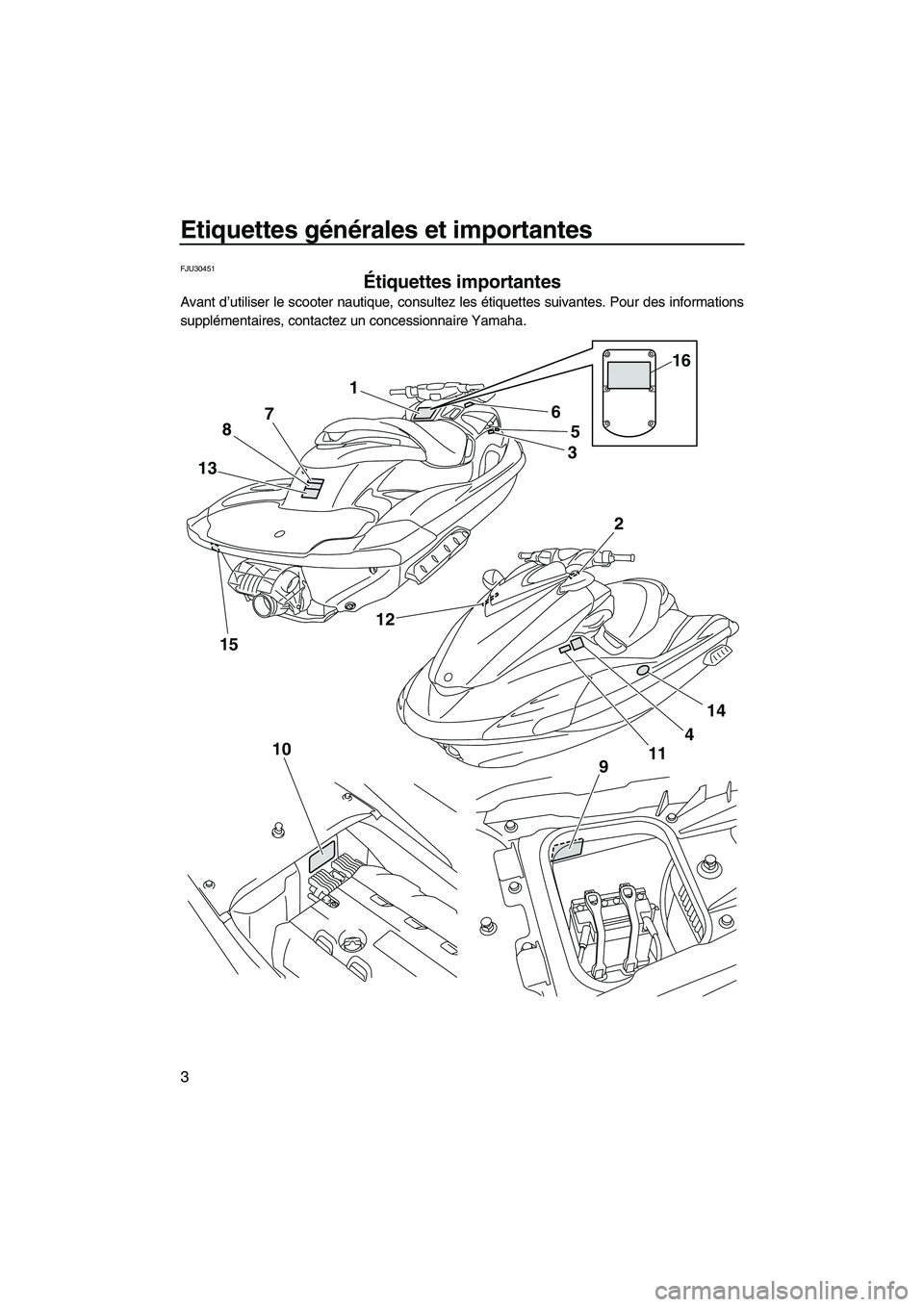 YAMAHA FZR 2009  Notices Demploi (in French) Etiquettes générales et importantes
3
FJU30451
Étiquettes importantes 
Avant d’utiliser le scooter nautique, consultez les étiquettes suivantes. Pour des informations
supplémentaires, contactez