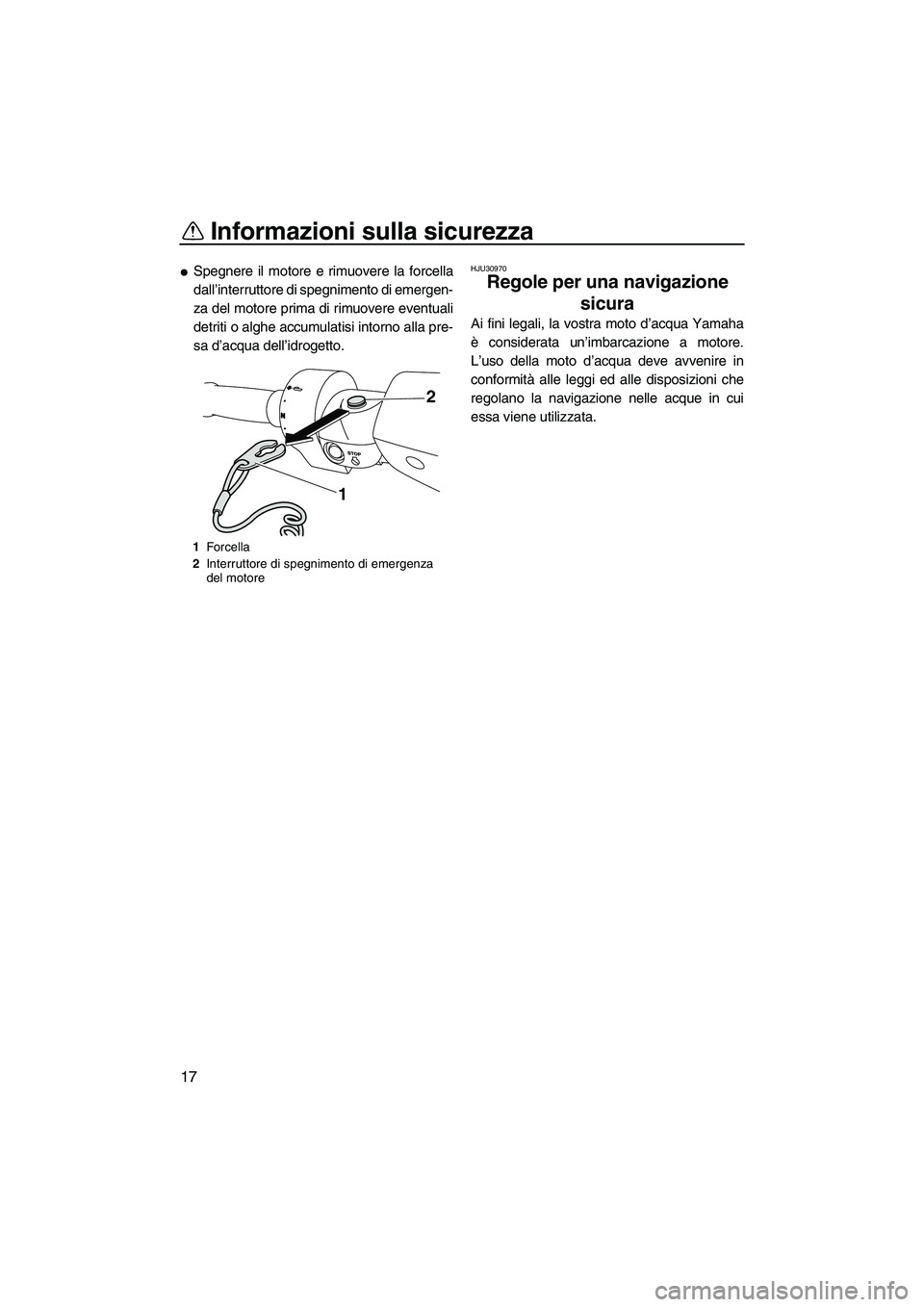 YAMAHA FZR SVHO 2009  Manuale duso (in Italian) Informazioni sulla sicurezza
17
Spegnere il motore e rimuovere la forcella
dall’interruttore di spegnimento di emergen-
za del motore prima di rimuovere eventuali
detriti o alghe accumulatisi intor