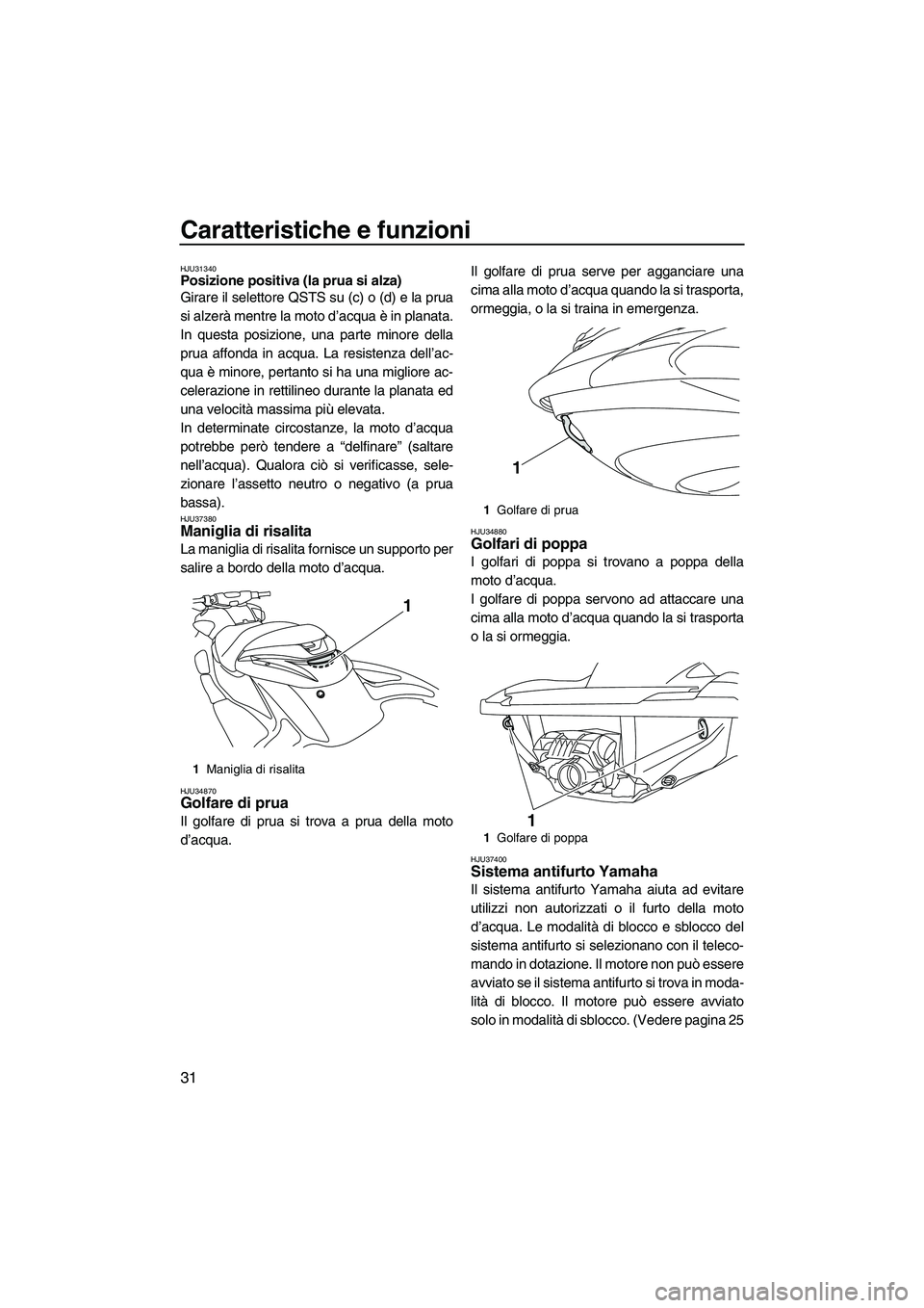 YAMAHA FZR SVHO 2009  Manuale duso (in Italian) Caratteristiche e funzioni
31
HJU31340Posizione positiva (la prua si alza) 
Girare il selettore QSTS su (c) o (d) e la prua
si alzerà mentre la moto d’acqua è in planata.
In questa posizione, una 