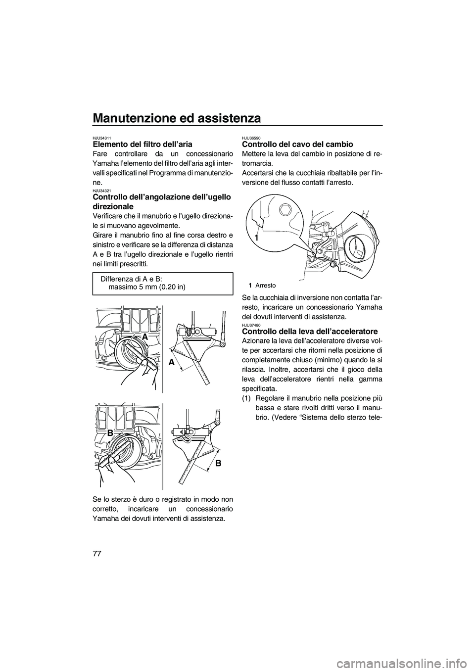 YAMAHA FZR SVHO 2009  Manuale duso (in Italian) Manutenzione ed assistenza
77
HJU34311Elemento del filtro dell’aria 
Fare controllare da un concessionario
Yamaha l’elemento del filtro dell’aria agli inter-
valli specificati nel Programma di m