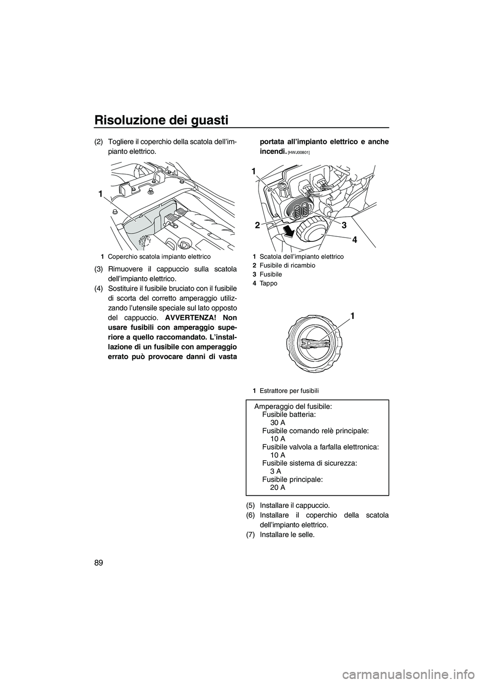 YAMAHA FZR SVHO 2009  Manuale duso (in Italian) Risoluzione dei guasti
89
(2) Togliere il coperchio della scatola dell’im-
pianto elettrico.
(3) Rimuovere il cappuccio sulla scatola
dell’impianto elettrico.
(4) Sostituire il fusibile bruciato c