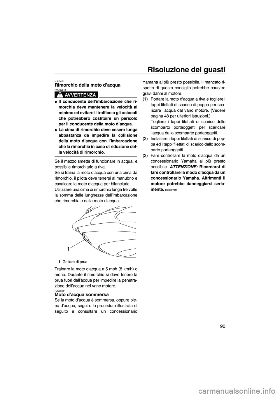 YAMAHA FZR SVHO 2009  Manuale duso (in Italian) Risoluzione dei guasti
90
HJU34711Rimorchio della moto d’acqua 
AVVERTENZA
HWJ00811
Il conducente dell’imbarcazione che ri-
morchia deve mantenere la velocità al
minimo ed evitare il traffico o 