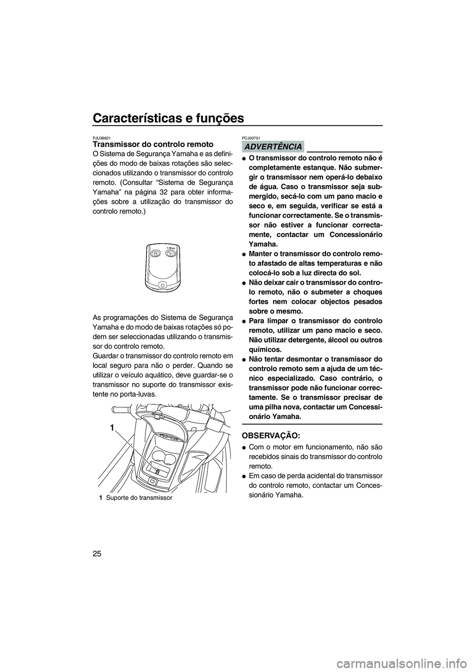 YAMAHA FZR 2009  Manual de utilização (in Portuguese) Características e funções
25
PJU36621Transmissor do controlo remoto 
O Sistema de Segurança Yamaha e as defini-
ções do modo de baixas rotações são selec-
cionados utilizando o transmissor do