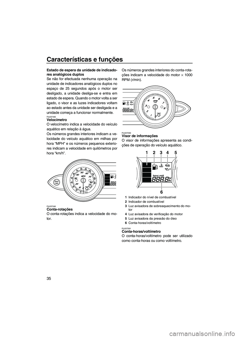 YAMAHA FZR 2009  Manual de utilização (in Portuguese) Características e funções
35
Estado de espera da unidade de indicado-
res analógicos duplos
Se não for efectuada nenhuma operação na
unidade de indicadores analógicos duplos no
espaço de 25 s