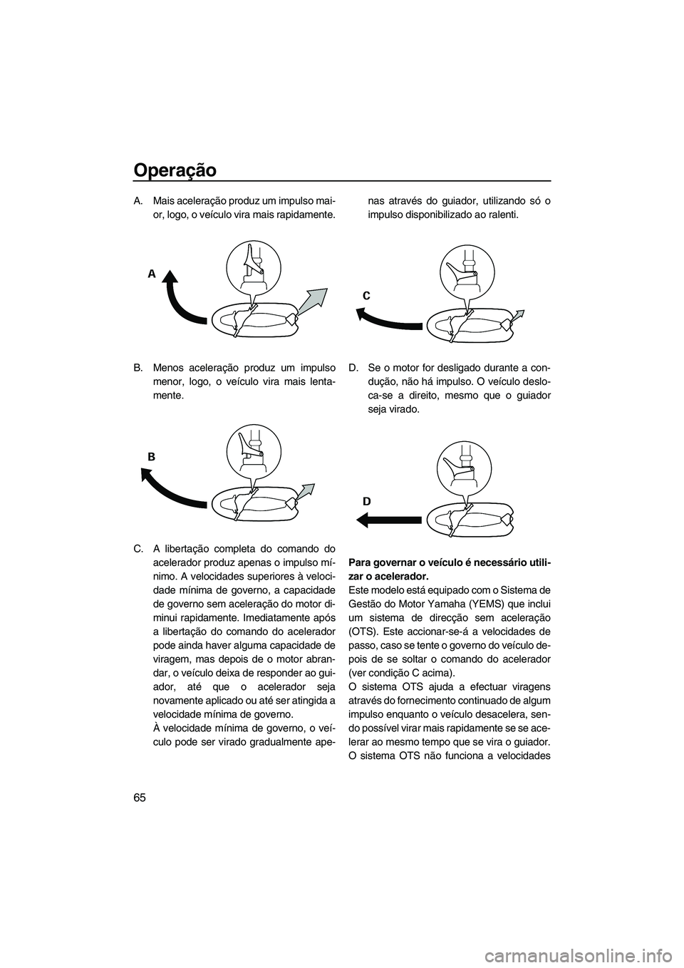 YAMAHA FZR 2009 Manual de utilização (in Portuguese) Operação
65
A. Mais aceleração produz um impulso mai-
or, logo, o veículo vira mais rapidamente.
B. Menos aceleração produz um impulso
menor, logo, o veículo vira mais lenta-
mente.
C. A liber YAMAHA FZR 2009 Manual de utilização (in Portuguese) Operação
65
A. Mais aceleração produz um impulso mai-
or, logo, o veículo vira mais rapidamente.
B. Menos aceleração produz um impulso
menor, logo, o veículo vira mais lenta-
mente.
C. A liber